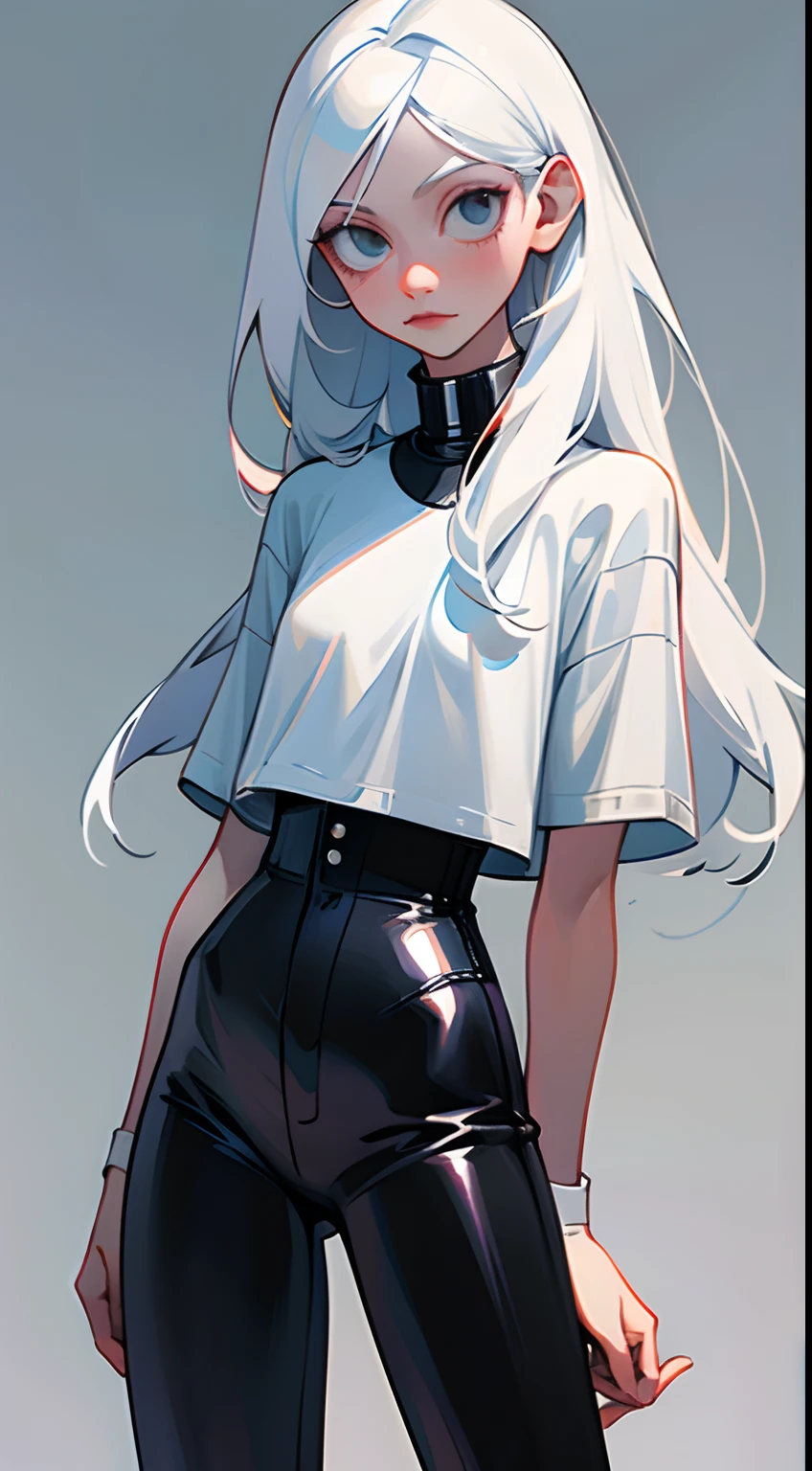 Girl with long thin white hair, White Skin Skin, Slim, beatiful face, little chest, wearing black leather pants and a white t-shirt, white sneakers, Full-length
