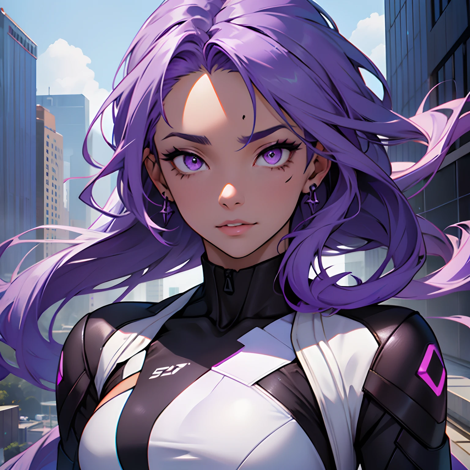 stands on the roof of the building. in full height. Medium height girl. Long split colored hair, Half of a delicate very light purple shade, the other half is dark purple. Fair skin with vitiligo all over the body. Half of the face is covered with a dark purple patch of vitiligo. Eyes of different colors. The eye on the light half of the face is light purple, The iris on the dark half of the face is purple, Protein black. She wears a futuristic jumpsuit in purple and black. Bodycon jumpsuit. It stands on the roof of a skyscraper, against the backdrop of the city. she has long, straight hair. Half of the hair is dark purple, the other half of the hair, which is on the side of the face with the dark spot of vitiligo, White. HALF HAIR WHITE HALF DARK VIOLET. in full height. floting hair