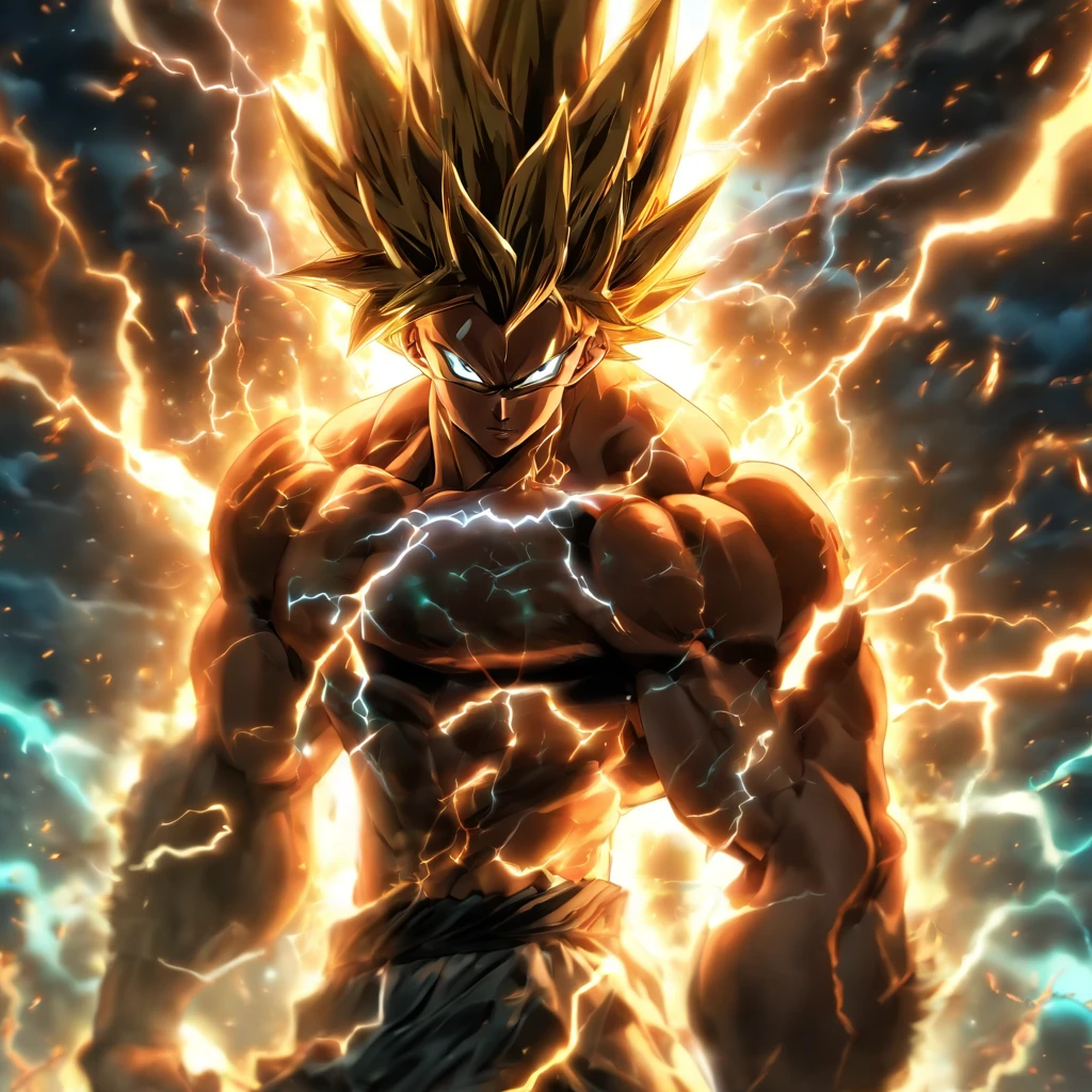 ((absurd quality, photorealistic:1.9, full body shot)), striking, muscular, intense gaze, defined jawline, sculpted physique, dramatic lightning, fighting stance, ki surrounding