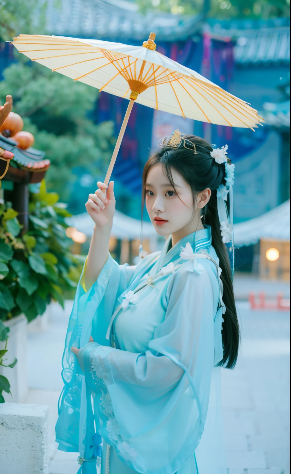 An Asian woman in traditional dress holds an umbrella, Palace , A girl in Hanfu, Hanfu, Wearing ancient Chinese clothes, White Hanfu, Traditional Chinese clothing, Chinese girl, Chinese woman, Chinese traditional, with acient chinese clothes, Chinese style, China Princess, Chinese costume, Princesa chinesa antiga, A young Asian woman, Traditional beauty
