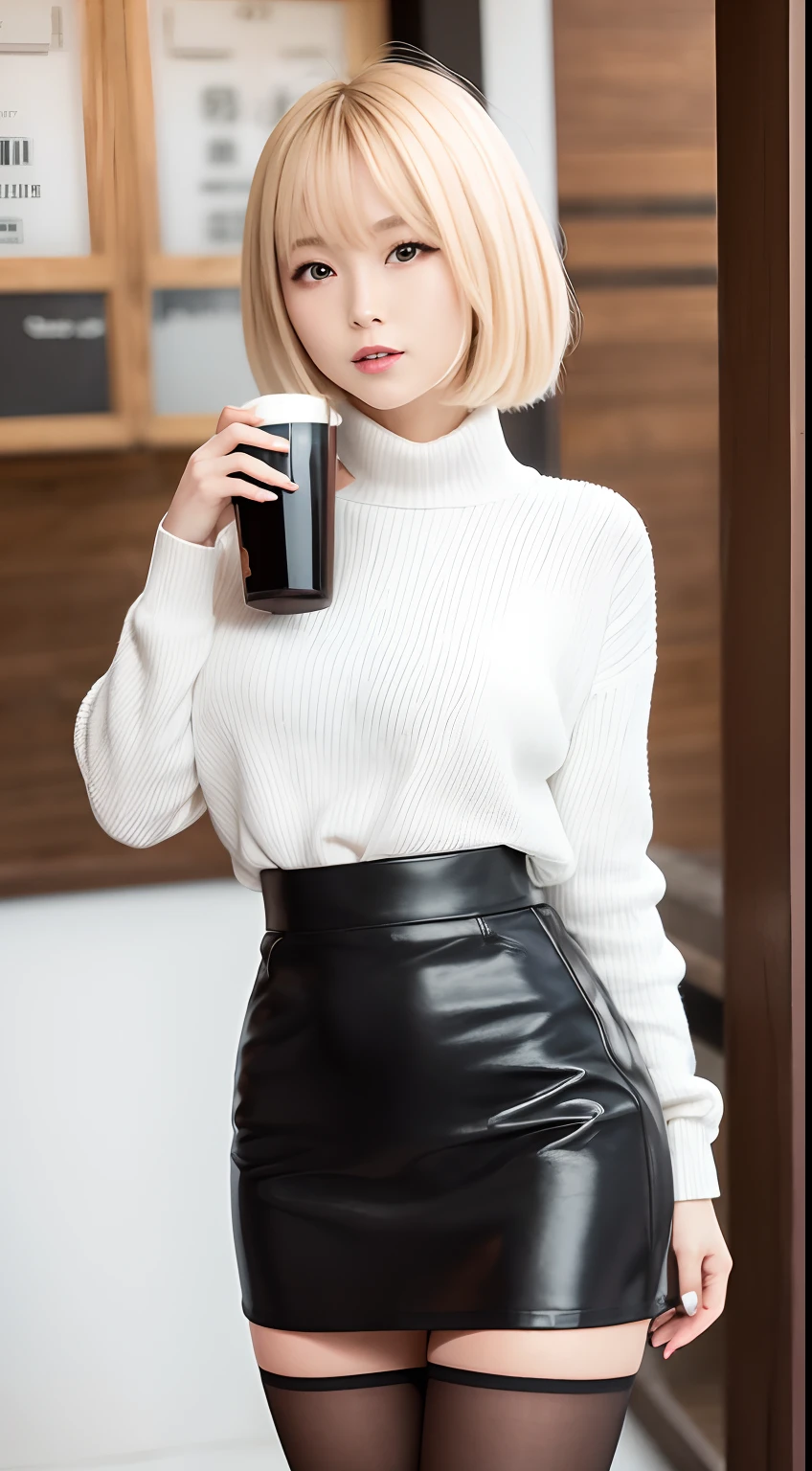 Japan Drink Alafe beer Blonde Shorthair Enameled black tight skirt with black stockings and white sweater