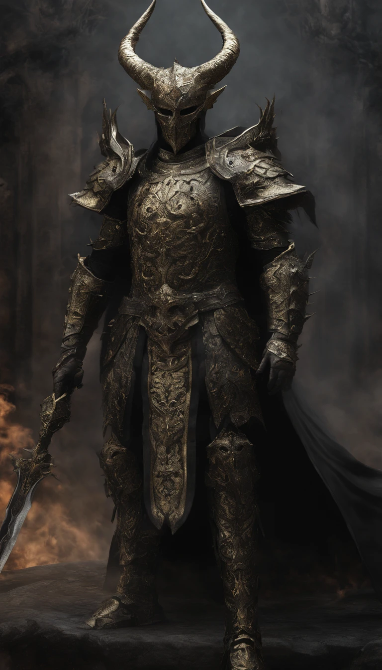 warrior, concept-art, author:Kishiganku, Fantasy art, Zen temple background, clean render, a horned, Wear a suit of armor, Detailed bushido form smoke, helmet of a forgotten deity, character is standing, 8k Realistic, in game render, detailed face background detail, Art station front page, taur, Pseudo-medieval fantasy, A deity wearing koi armor, detailed bronze armor, Bronze armor, golden etched armor, gold obsidian armor, Light gold armor, Gorgeous filigree armor, A demonic warrior, Gorgeous armor full of thorns, Intricate assasin armor, Intricate metal armor, powerful warrior, Dressed in gorgeous gold armor,Decorated with intricate patterns, The helmet has a large crown and two horns, Everything is in the dark, The smoky background hints at the battle scene, Add an ominous aura to his character,The Demon's Giant Demon Wings,submission, Full body shot.