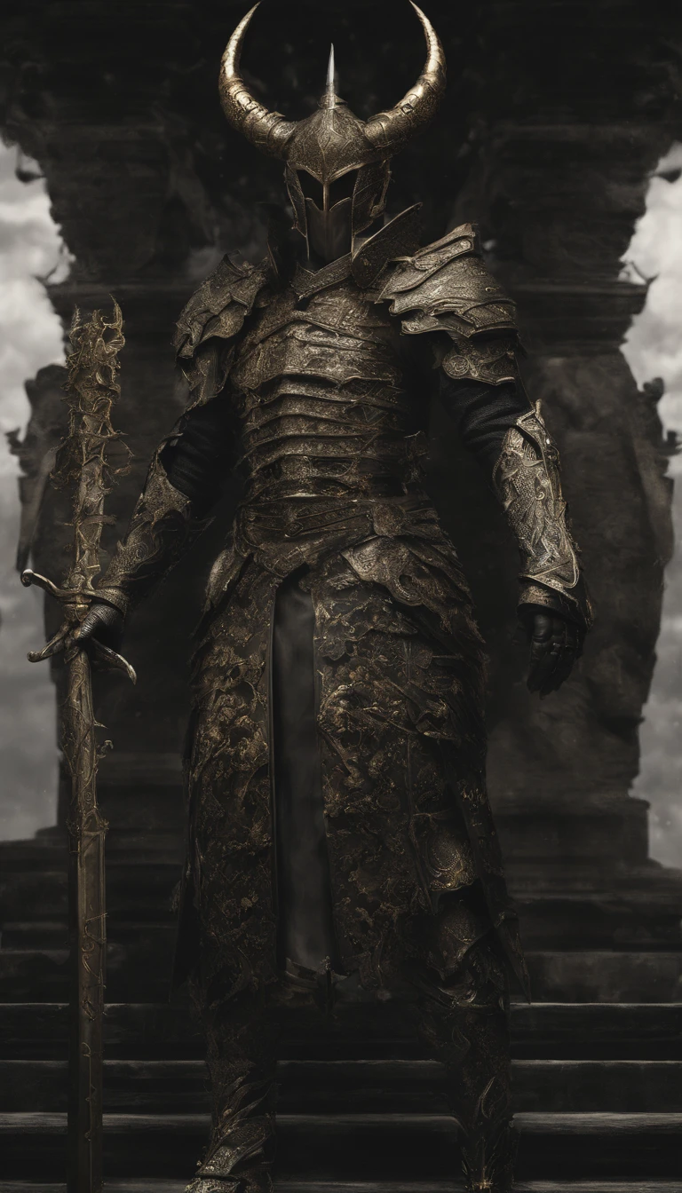 warrior, concept-art, author：Kishiganku, Fantasy art, Zen temple background, clean render, a horned, Wear a suit of armor, Detailed bushido form smoke, helmet of a forgotten deity, character is standing, 8k Realistic, in game render, detailed face background detail, Art station front page, taur, Pseudo-medieval fantasy, A deity wearing koi armor, detailed bronze armor, Bronze armor, golden etched armor, gold obsidian armor, Light gold armor, Gorgeous filigree armor, A demonic warrior, Gorgeous armor full of thorns, Intricate assasin armor, Intricate metal armor, powerful warrior, Dressed in gorgeous gold armor，Decorated with intricate patterns, The helmet has a large crown and two horns, Everything is in the dark, The smoky background hints at the battle scene, Add an ominous aura to his character，The Demon's Giant Demon Wings，submission, Full body shot.