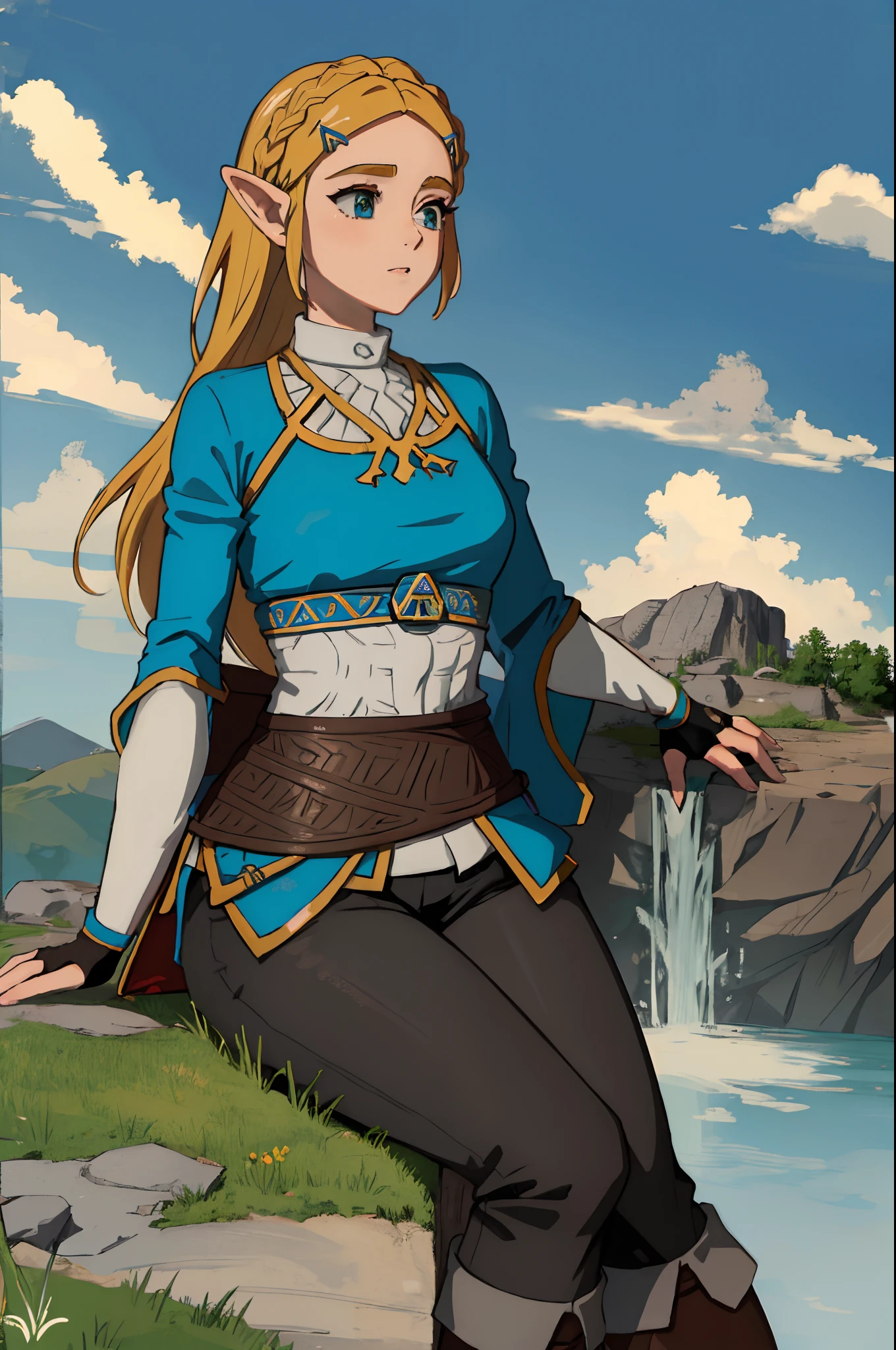 Traje de Zelda Botw
(La mejor calidad, Obra maestra, Foto RAW,Ultra detallado:1.2), 1girl,solo princesa zelda breath of the wild  ,Colossal with view from the ground about to sit over a small anime-style town ,visto desde abajo, vista des atras abajo ,pantalonees ,pelo largo rubio sueltonegros,madure