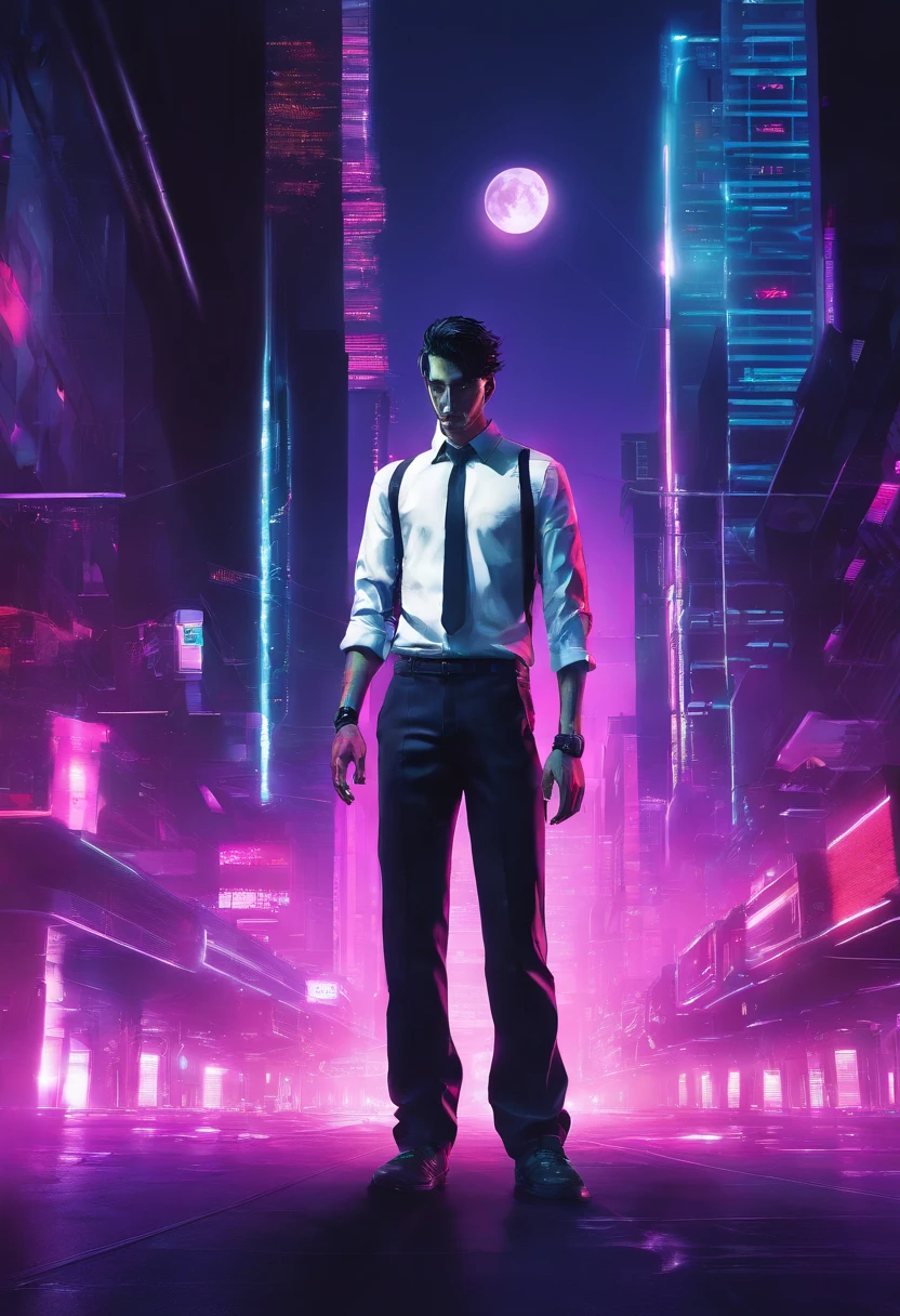 ((Skinny, lanky, normal, mid-30s, unshaven, white, ((American, pale skin, english)), male, businessman walking under night sky with moon out wearing a basic suit and tie)), cowboy shot, (black short shaggy hair with purple highlights), ((office cubicle background)), (highly detailed photo realistic), sharp focus, ultra high quality, vibrant, masterpiece, (cinematic lighting), ((male))