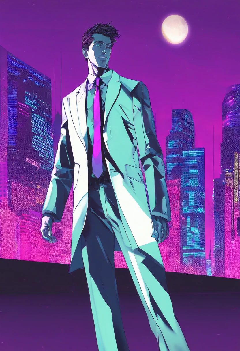 ((Skinny, lanky, normal, mid-30s, unshaven, white, ((American, pale skin, english)), male, businessman walking under night sky with moon out wearing a basic suit and tie)), cowboy shot, (black short shaggy hair with purple highlights), ((office cubicle background)), (highly detailed photo realistic), sharp focus, ultra high quality, vibrant, masterpiece, (cinematic lighting), ((male))