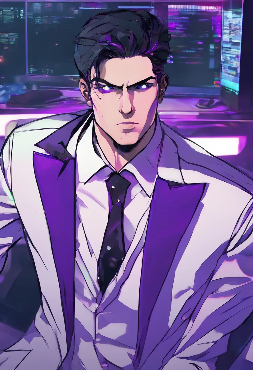 ((Skinny, lanky, normal, mid-30s, unshaven, white, ((American, pale skin, english)), male, businessman walking under night sky with moon out wearing a basic suit and tie)), cowboy shot, (black short shaggy hair with purple highlights), ((office cubicle background)), (highly detailed photo realistic), sharp focus, ultra high quality, vibrant, masterpiece, (cinematic lighting), ((male))