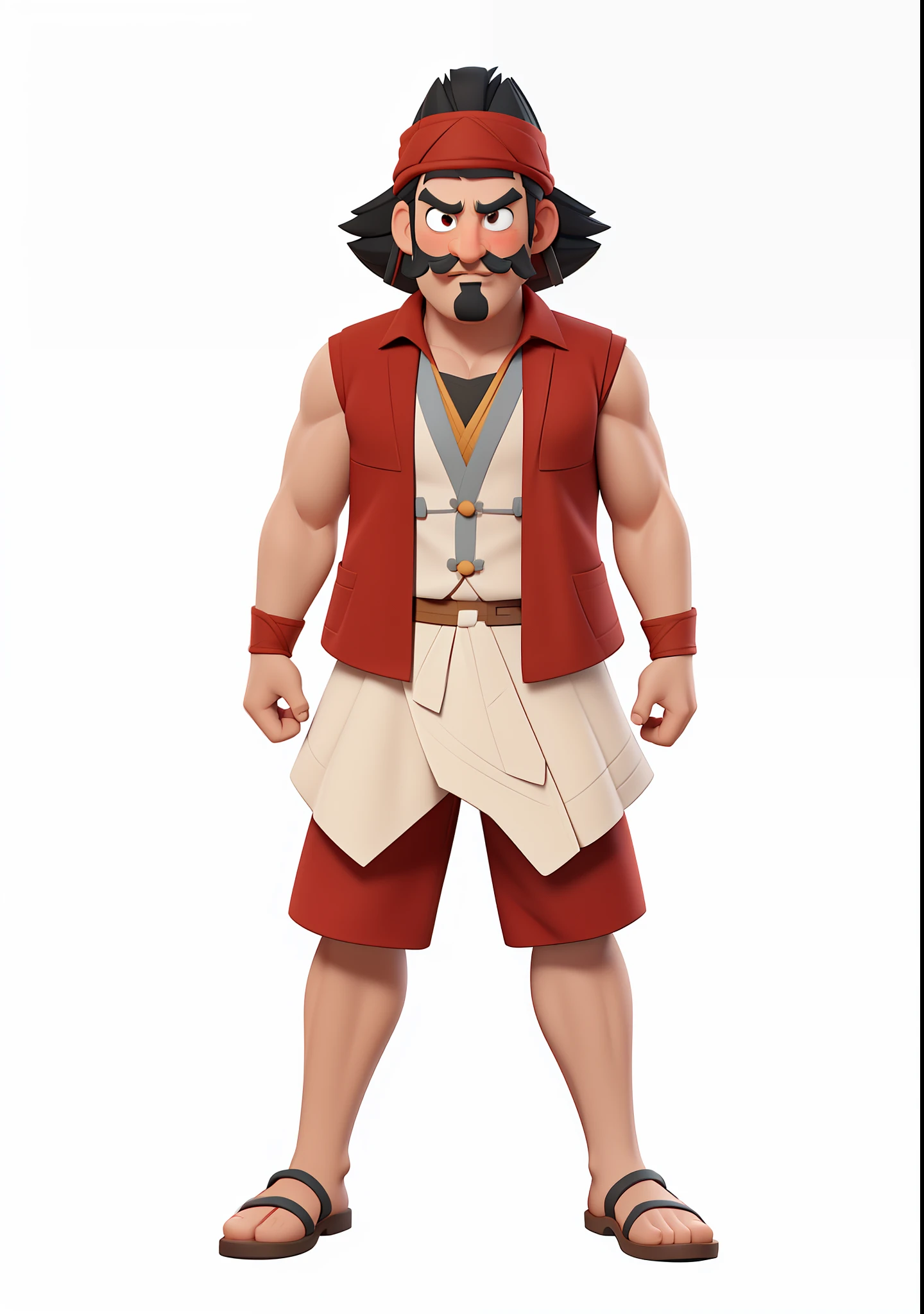 cartoon of a man in a red vest and white shirt, akira from chinese mythology, nicholas cage as monkey d luffy, goku as an asian man, handsome prince of persia, full length character, disney character, single character full body, antasy character, inspired by Chen Jiru, male character design, full body character, character full body portrait, animation character, add a thin mustache and a thin beard, 3d render, octane render, 3d cartoon,