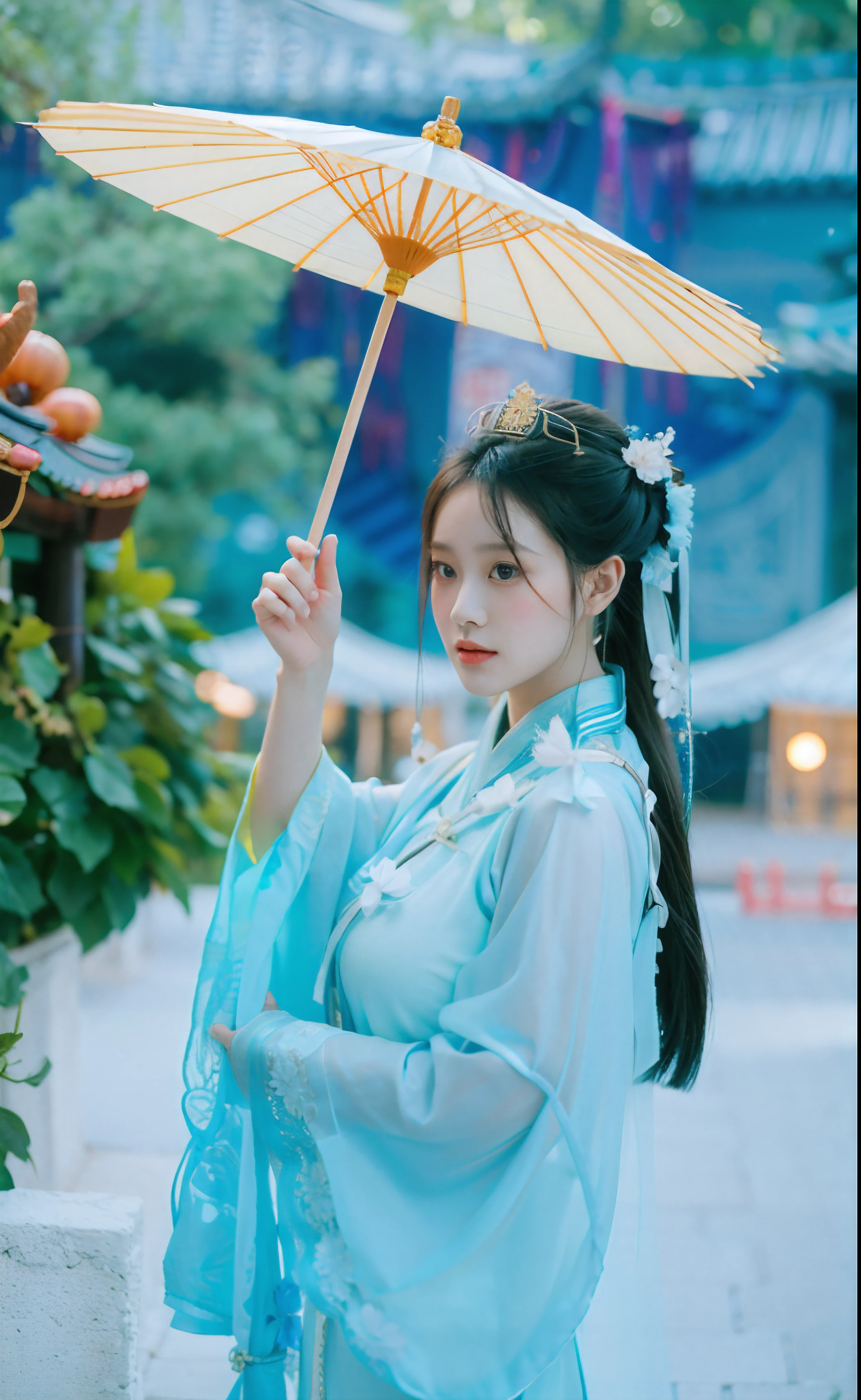 An Asian woman in traditional dress holds an umbrella, Palace , A girl in Hanfu, Hanfu, Wearing ancient Chinese clothes, White Hanfu, Traditional Chinese clothing, Chinese girl, Chinese woman, Chinese traditional, with acient chinese clothes, Chinese style, China Princess, Chinese costume, Princesa chinesa antiga, A young Asian woman, Traditional beauty
