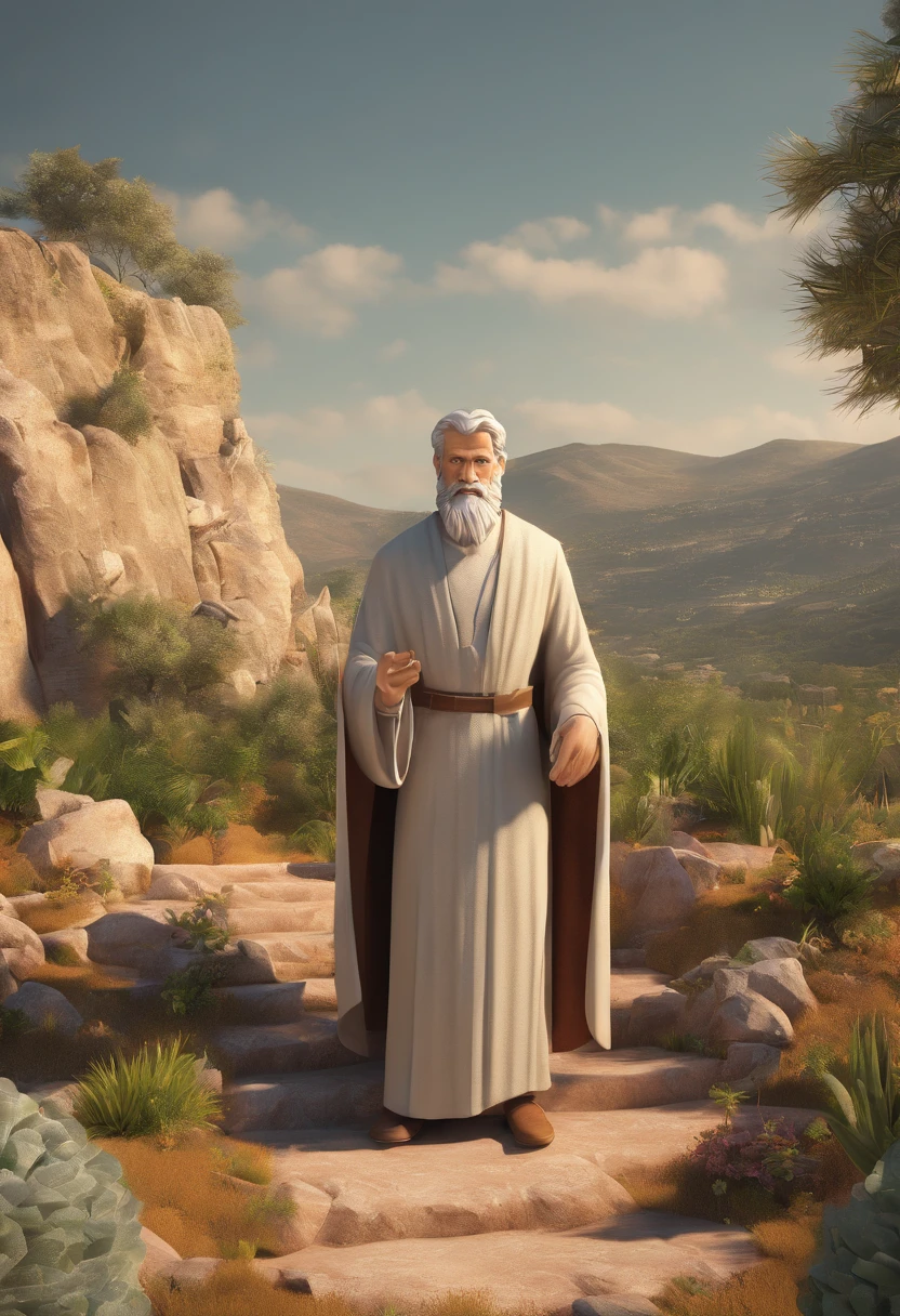 Create an image of Saint Andrew, Apostle in the crowd, 3D, Disney style in an open area, in the mountains of Galilee, living vegetation. Emphasize realism and attention to detail in the environment, including the texture of the dusty road, the landscape, and the soft lighting of the sun. Make the scene feel immersive and inviting