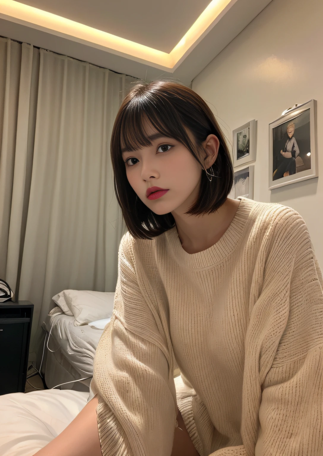 finely detail, hight resolution, hightquality、Perfect dynamic composition, Beautiful detailed eyes, Bob Layer Cut、frombelow、Gaze、From below、From below、Relax in your room、long legged、despise、Natural Color Lip, 25-years old、1 persons、Transparent skin、Glowing hair、Bedroom、inside in room、Fashionable clothes、Shibuya、Gelato Pique、room wear、Fashionable、beauty legs、Futomo、Shake your head、glares、irritation、irate