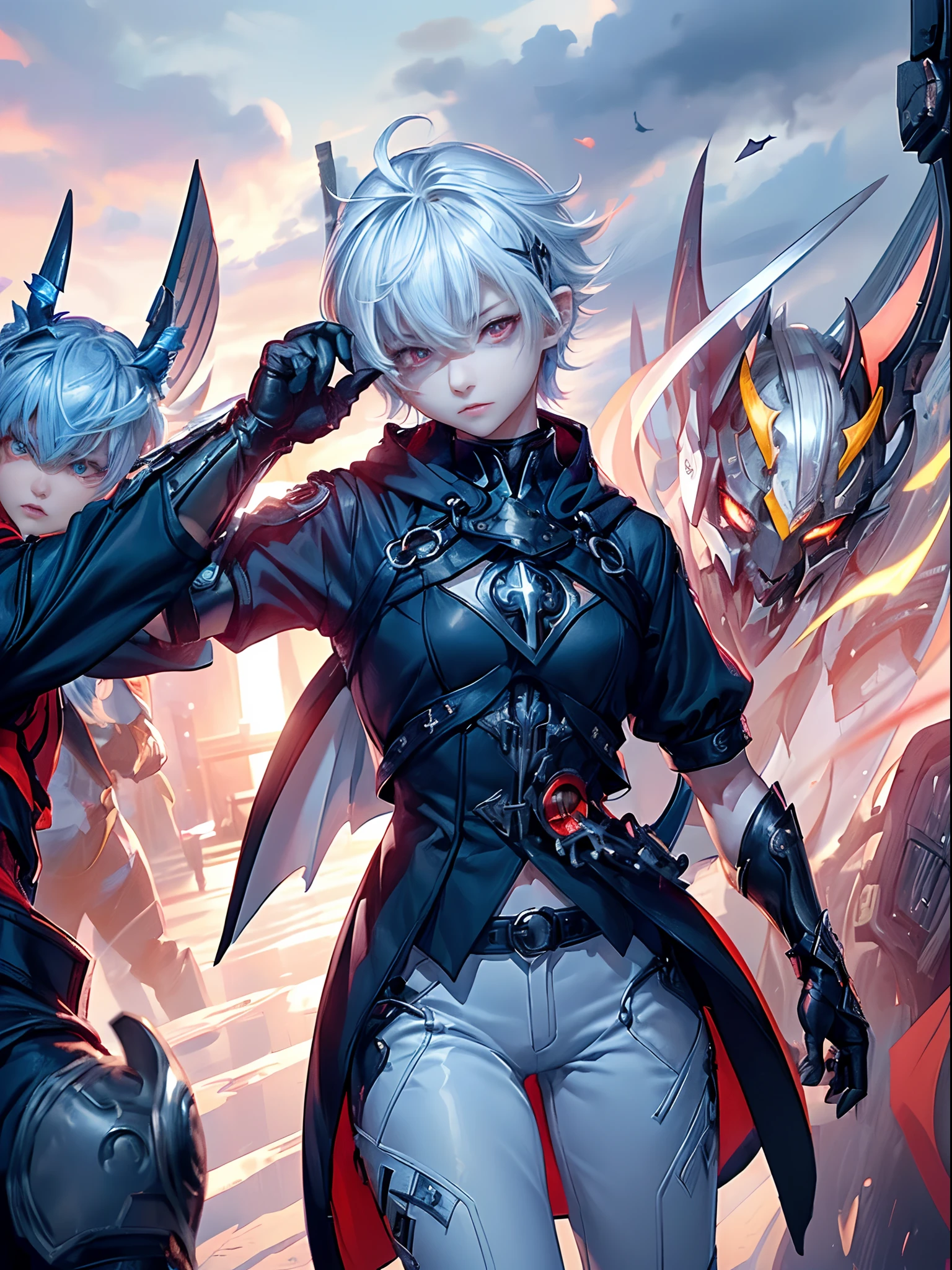 ((4K works))、masterpiece、(top-quality)、One Beautiful Girl、One Evil Man、((Male and female photos))、Slim body、tall、((Black Y-shirt and white pants、Charming street style))、Please wear one jacket、Wearing a hood to hide his face、(Detailed beautiful eyes)、Midnight Combat、In the fight against the demon man、((In battle on a cloudy sky))、((Two are fighting while flying in the sky))、((Flying in the sky))、saddened、suffocating、desolate、((Pitch black sky))、((Face similar to Carly Rae Jepsen))、((Short-haired white hair))、((Smaller face))、((Neutral face))、((With a woman with bright blue eyes))、((Devil Man With Bright Red Eyes))、((American Adult Women and Men))、((Adult female and male 26 years old))、((With cool ladies))、((demon male))、((Like a celebrity))、((Korean Makeup))、((elongated and sharp eyes))、((angry expressions))、((In the fight with the sword))、((boyish))、Professional Photos、((Shot by two))、((She's fighting demon men))、((She is in front of the viewer))、((She is fighting in a distant place))、((In front of her is an evil man flying))、((She is flying in the sky and fighting))、horor、Photos of sadness、((Photos during the battle))