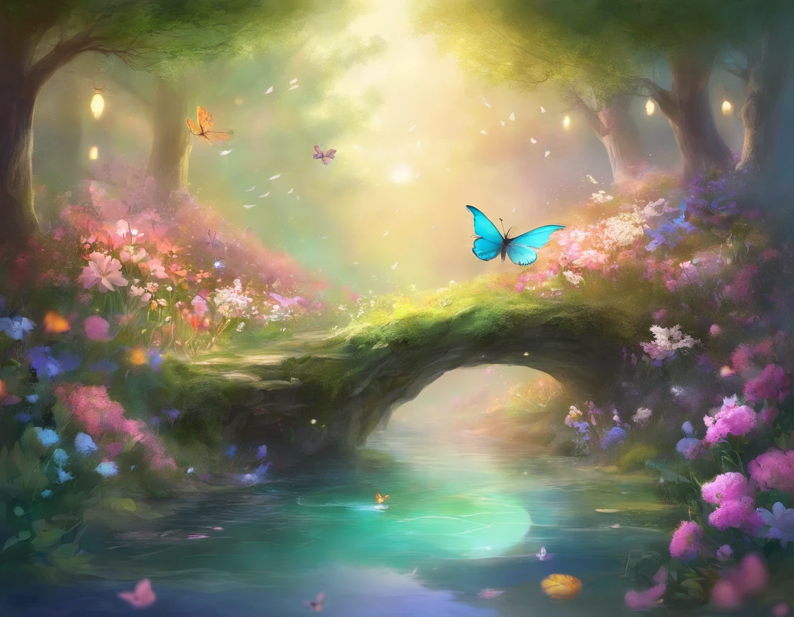 A spring in the forest with beautiful flowers, summer season, with pastel colors and a dreamy atmosphere, butterflies flying, a bird drinking water.