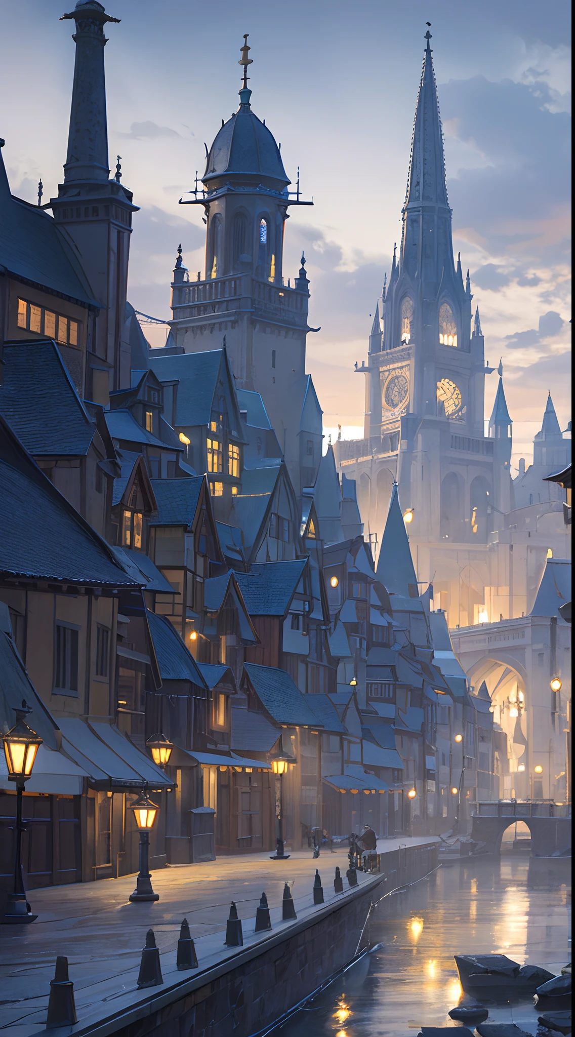 Port of a medieval town with caravels, wet stone, dramatic light, discreet, photorealistic, (stone pier) cinematic lighting, volumetric lighting, dark atmosphere, background with a mountain and a giant silver moon in the sky
