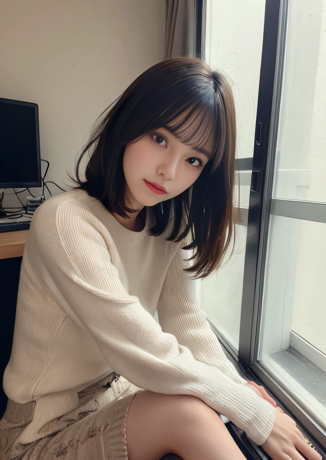 finely detail, hight resolution, hightquality、Perfect dynamic composition, Beautiful detailed eyes, Bob Layer Cut、Sit in front of your computer monitor、sit a chair、turned around、long legged、despise、Natural Color Lip, 25-years old、1 persons、Transparent skin、Glowing hair、Bedroom、inside in room、You can see the veranda from the window、it is raining、Fashionable clothes、Shibuya、Gelato Pique、room wear、Fashionable、beauty legs、Futomo、Shake your head、