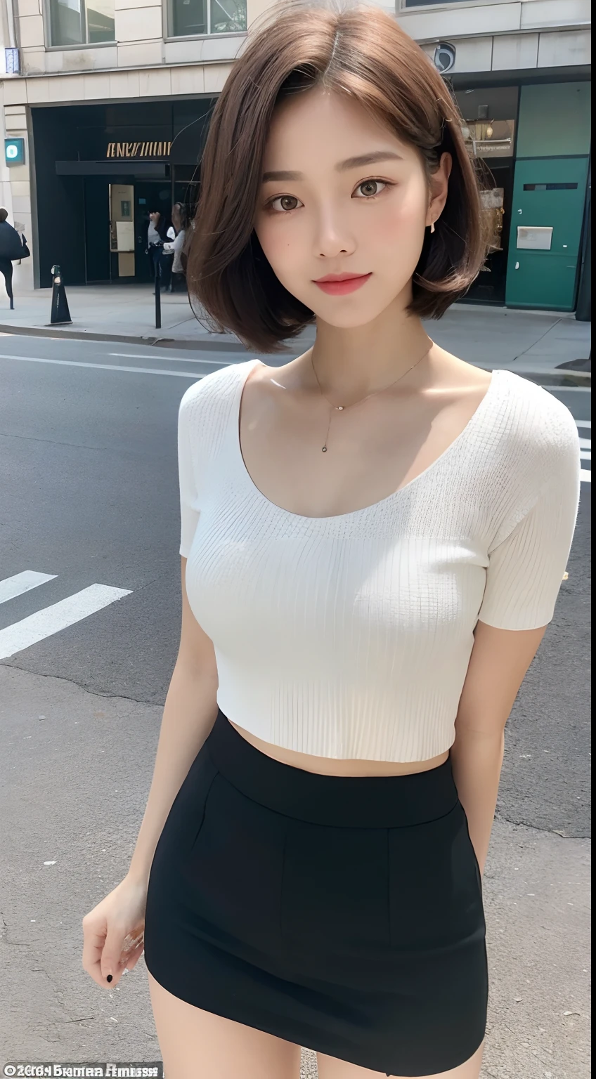 （（best qualtiy，8K，tmasterpiece：1.3）），Perfect beauty：1.4，glute：1.2，（Layered Hair Style：1.2）），（the street：1.3），Highly Detailed Face and Skin Textur，full bodyesbian，Elaborate Eyes，二重まぶた，Whitens the skin，Short wave hair，Cute Korean beauty（with a round face：1.5），（Loose top，short  skirt：1.6）ssmile