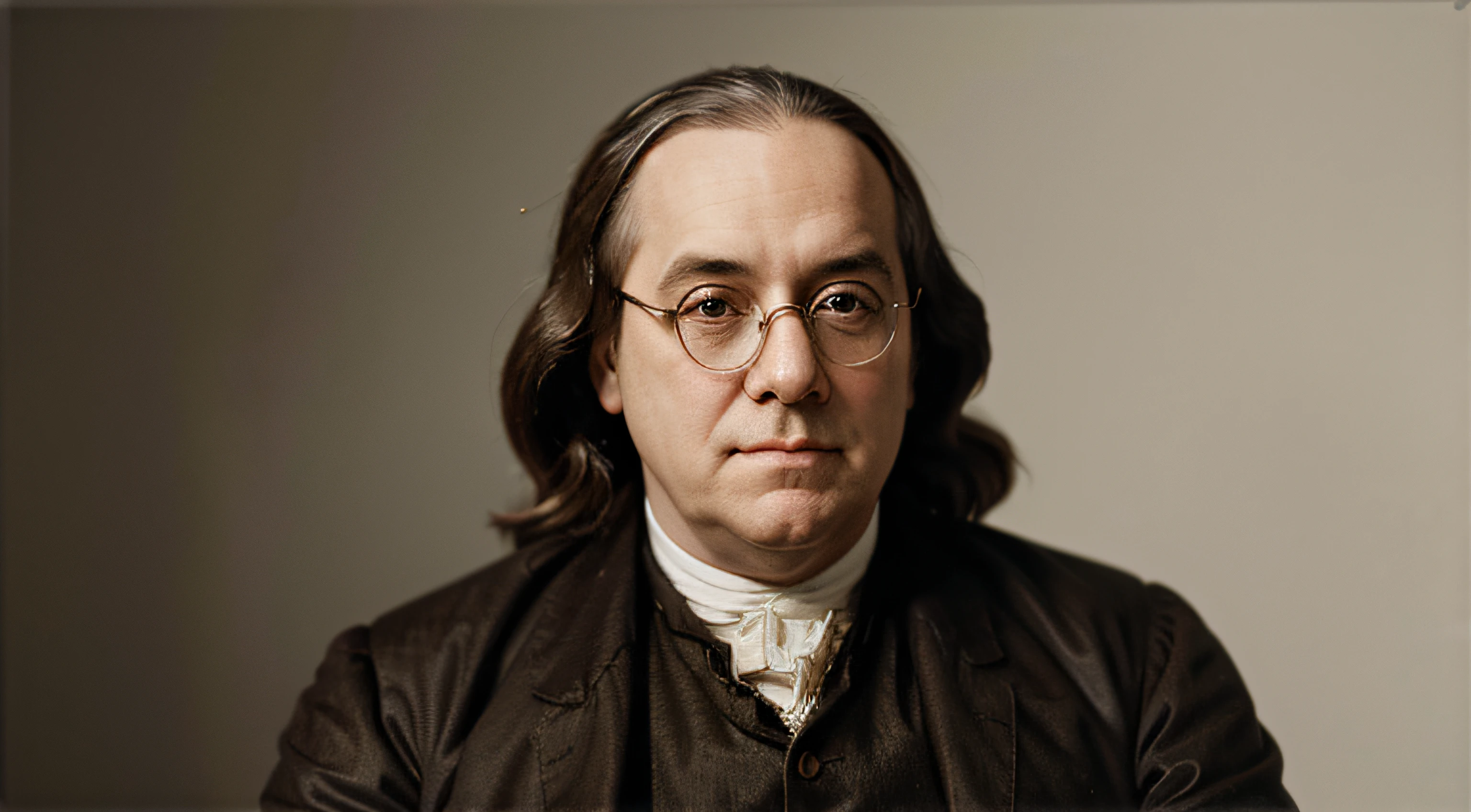 realistic, Benjamin Franklin, looking at viewer, neutral white background, blurred background