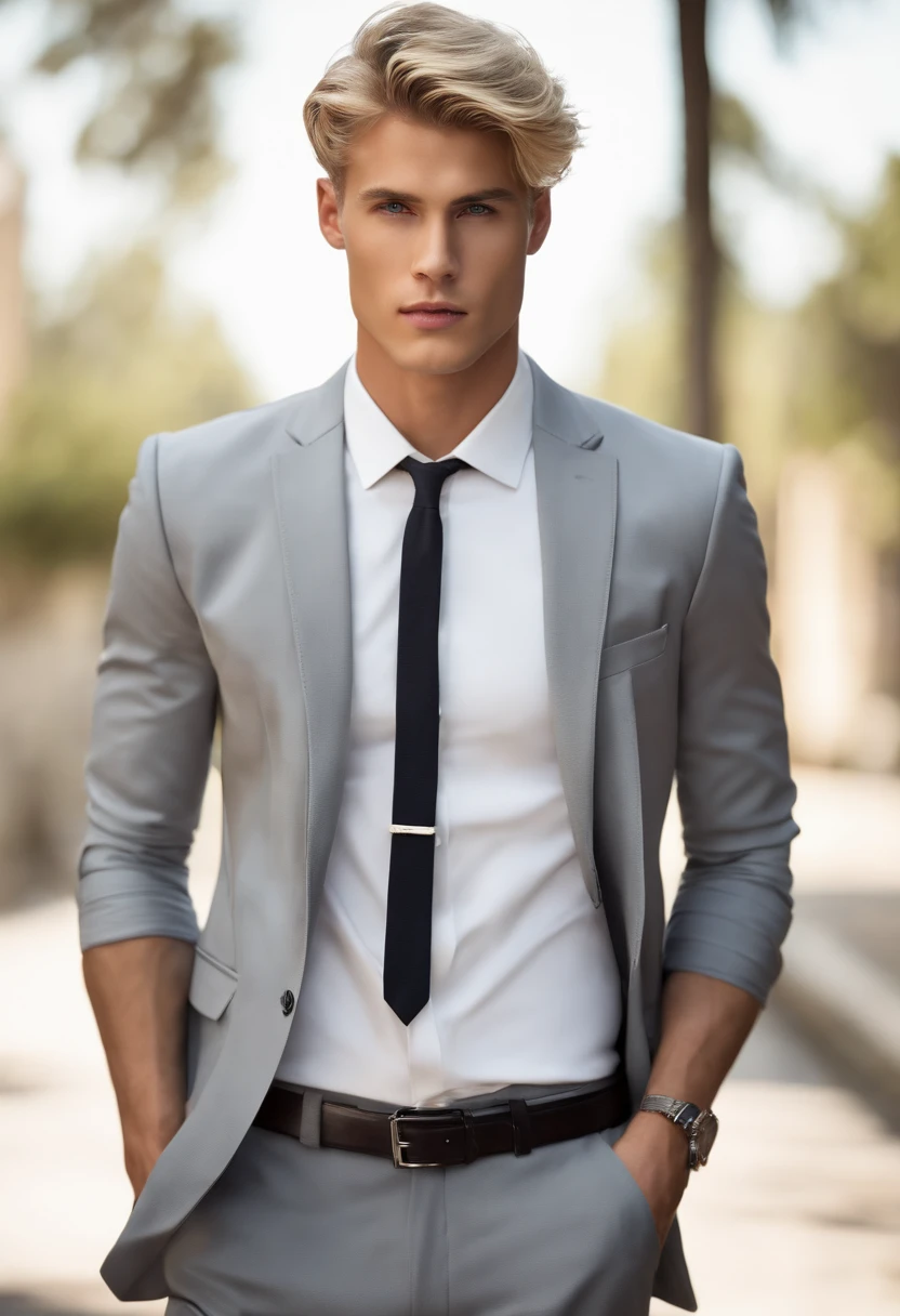 Full body man looking forward, gray suit with gray pants, white shirt, black belt, full body, short blond hair, and blue eyes, attractive male, handsome young man, and attractive, characteristics, attractive man, attractive young man, Cool _ hairstyle, blonde man, Slim man with light tanned skin, Young man with long length, black shoes, 8k