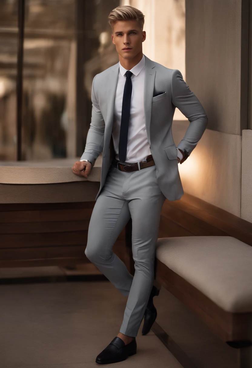 Full body man looking forward, gray suit with gray pants, white shirt, black belt, full body, short blond hair, and blue eyes, attractive male, handsome young man, and attractive, characteristics, attractive man, attractive young man, Cool _ hairstyle, blonde man, Slim man with light tanned skin, Young man with long length, black shoes, 8k