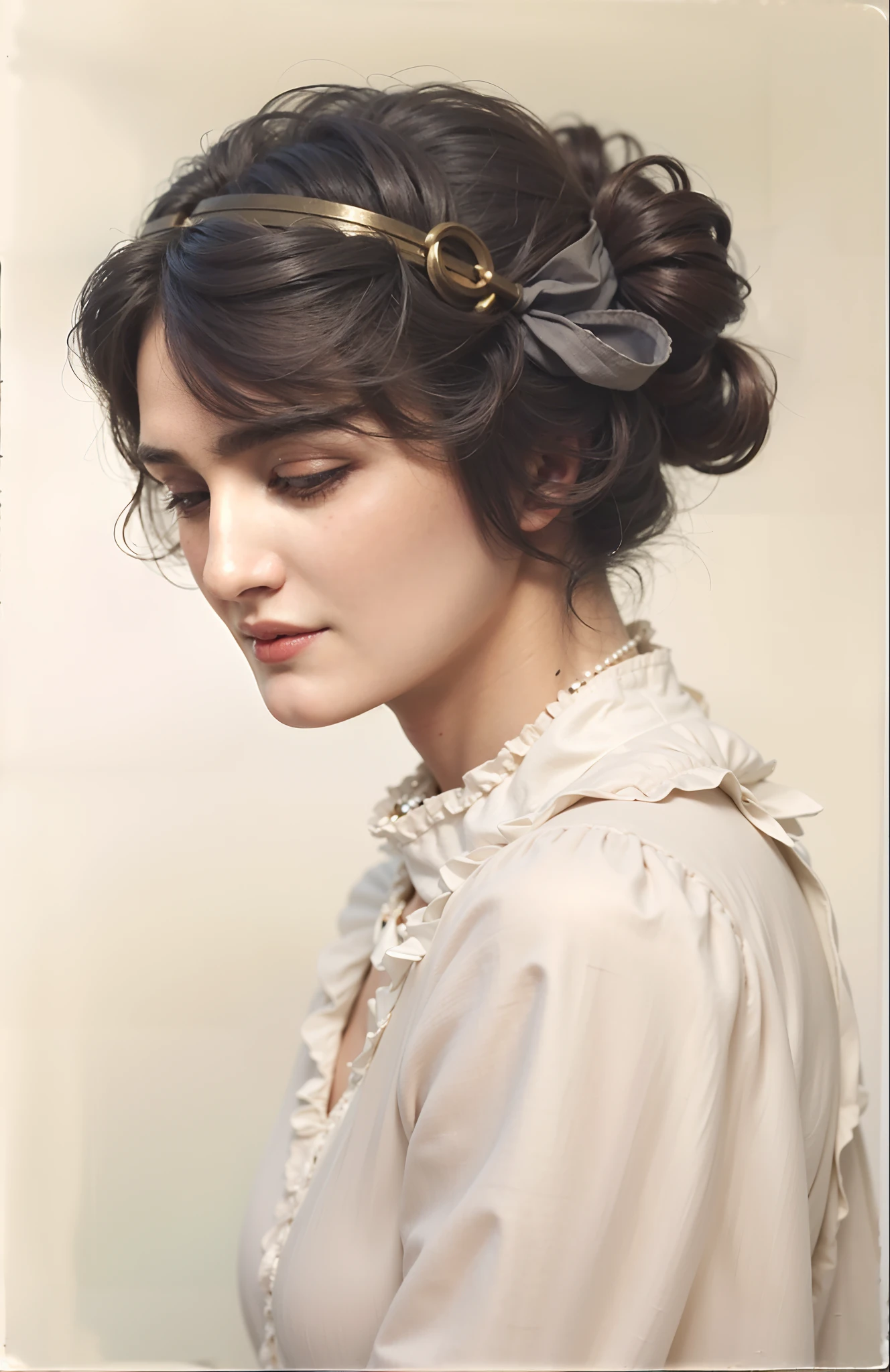 arafed portrait of a woman with a necklace and a necklace, detailed color portrait, autochrome pearl portrait, color portrait, beautiful portrait, very beautiful portrait, gorgeous portrait, feminine portrait, tom bagshaw portrait, inspired by Frederic Leighton, soft portrait, victorian female portrait, inspired by Ada Gladys Killins, hand - tinted, detailed beautiful portrait, High quality image, masterpiece, detailed hair texture, detailed skin texture, detailed cloth texture, 8k, add fabric details, ultra detailed skin texture, ultra detailed photo, skin pores, cloth details, high skin details, realistic hair details