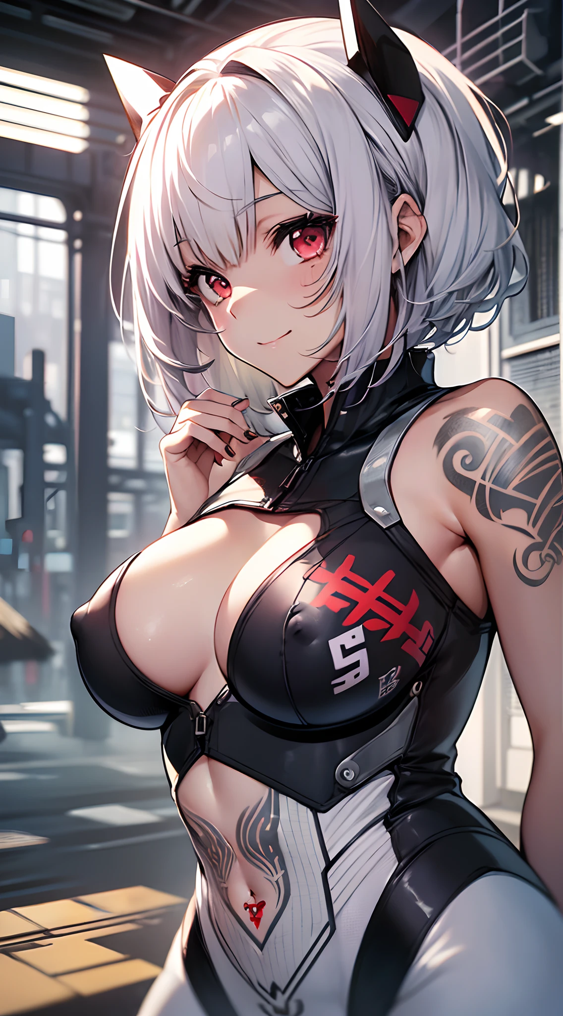 top-quality、Top image quality、in 8K,4K,masterpiece、(NSFW:1.3)、ultra-detailliert、Beautiful、ultra-quality、adult-like、Cool、girl with(((18year old、Zero Suit 1:3、Bust 78、silber hair、a short bob、Red Eyes、erotick:1.4、Happiness、The tattoo)))、hiquality、visualart、Background with((城市:1.2))、masutepiece
