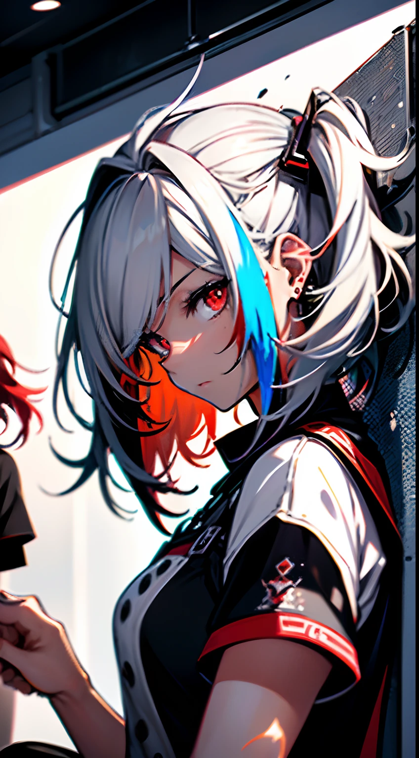 girls,Prompts are highlighted in red,fansty world,background inside dark,Clean design,Epic,Granblue Archives,art stations,Colorful paint splashes,contours,Hyper-detailed intricate details,unreal-engine,Complicated details,splash image,complementary colours,8K resolution,tmasterpiece,oil painted,Heavy strokes,paint drips,(isolated on a white background:1.3),Rainbow skins,(((A handsome young))), ((Black short sleeves:1.5)),Black tights,《black long dress:1.5》,(luminous red eyes),,((((long white hair:1.1))),\\(face expressionless\\),《Be red in the face》,Red earrings,Lying on the wall