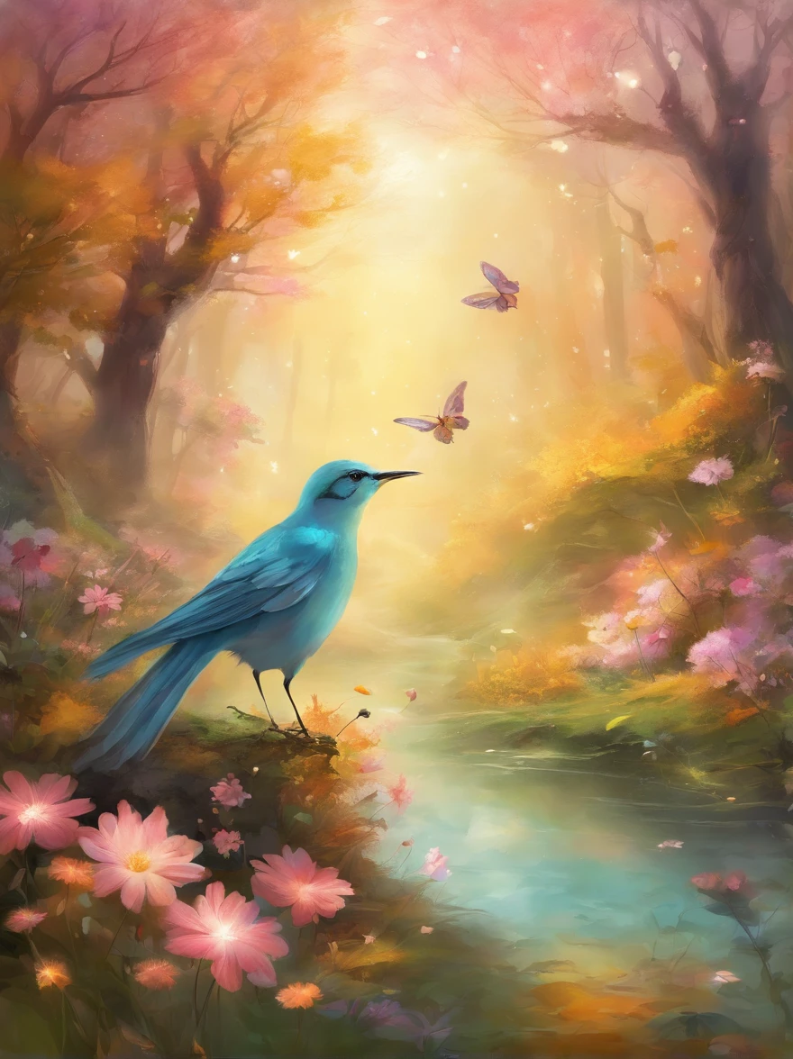 A spring in the forest with beautiful flowers, the autumn season, with pastel colors and a dreamy atmosphere, butterflies flying, a bird drinking water.