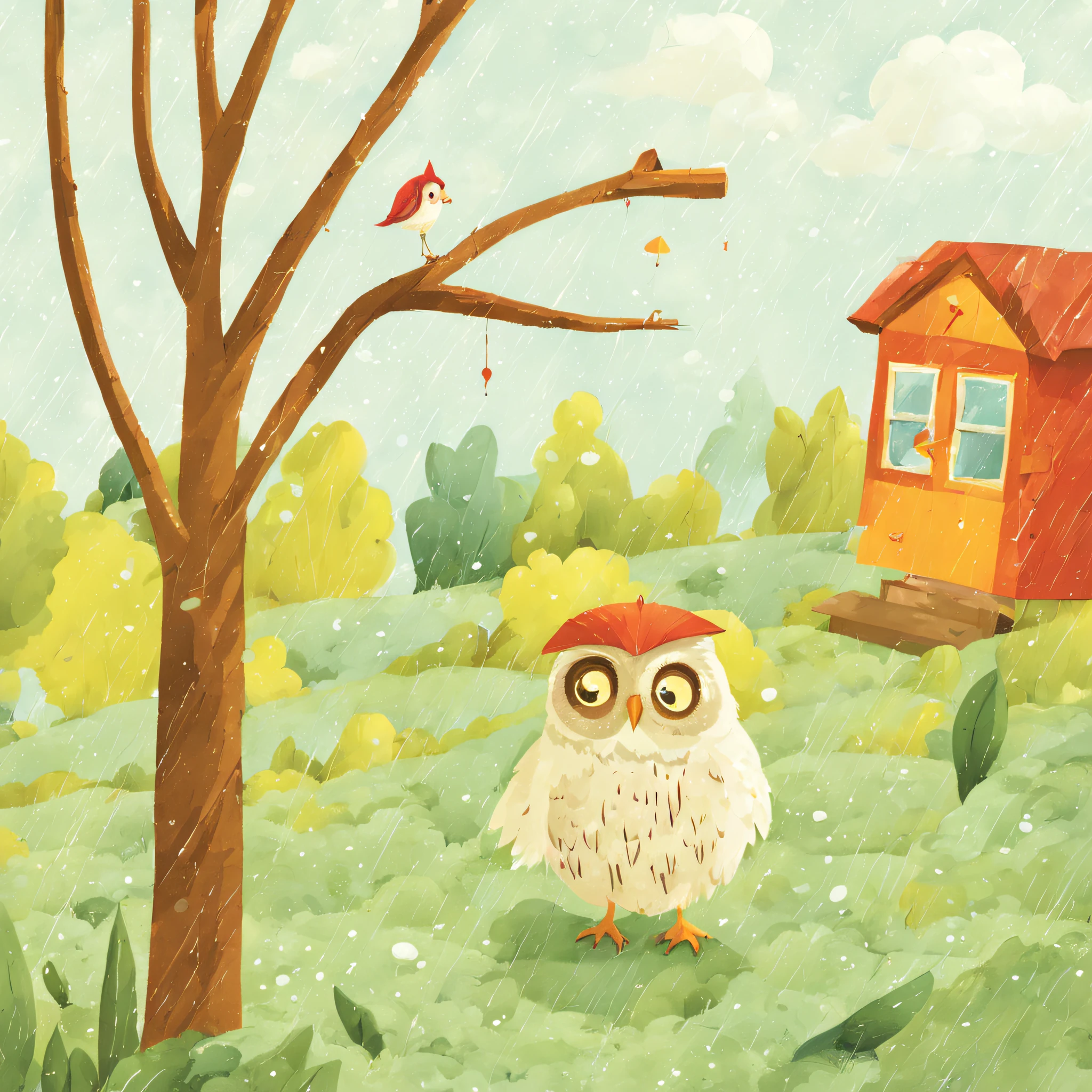 Educational Children's Book Illustration, Primary Color Palette, Wise Owl, Rainy Weather, Schoolyard Landscape, Daytime, Curious Mood ,Kids Book, KidsRedmAF,