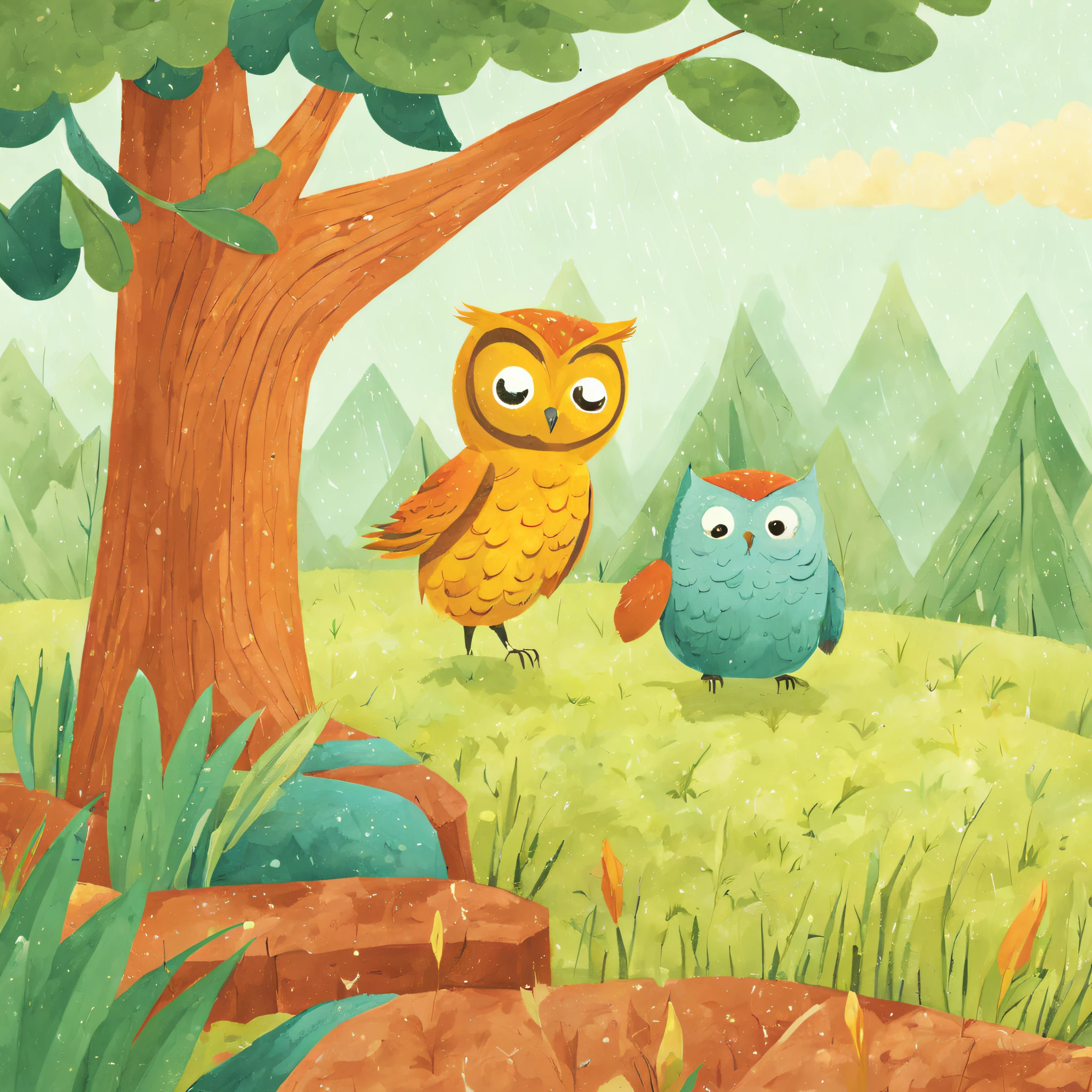 Educational Children's Book Illustration, Primary Color Palette, Wise Owl, Rainy Weather, Schoolyard Landscape, Daytime, Curious Mood ,Kids Book, KidsRedmAF,