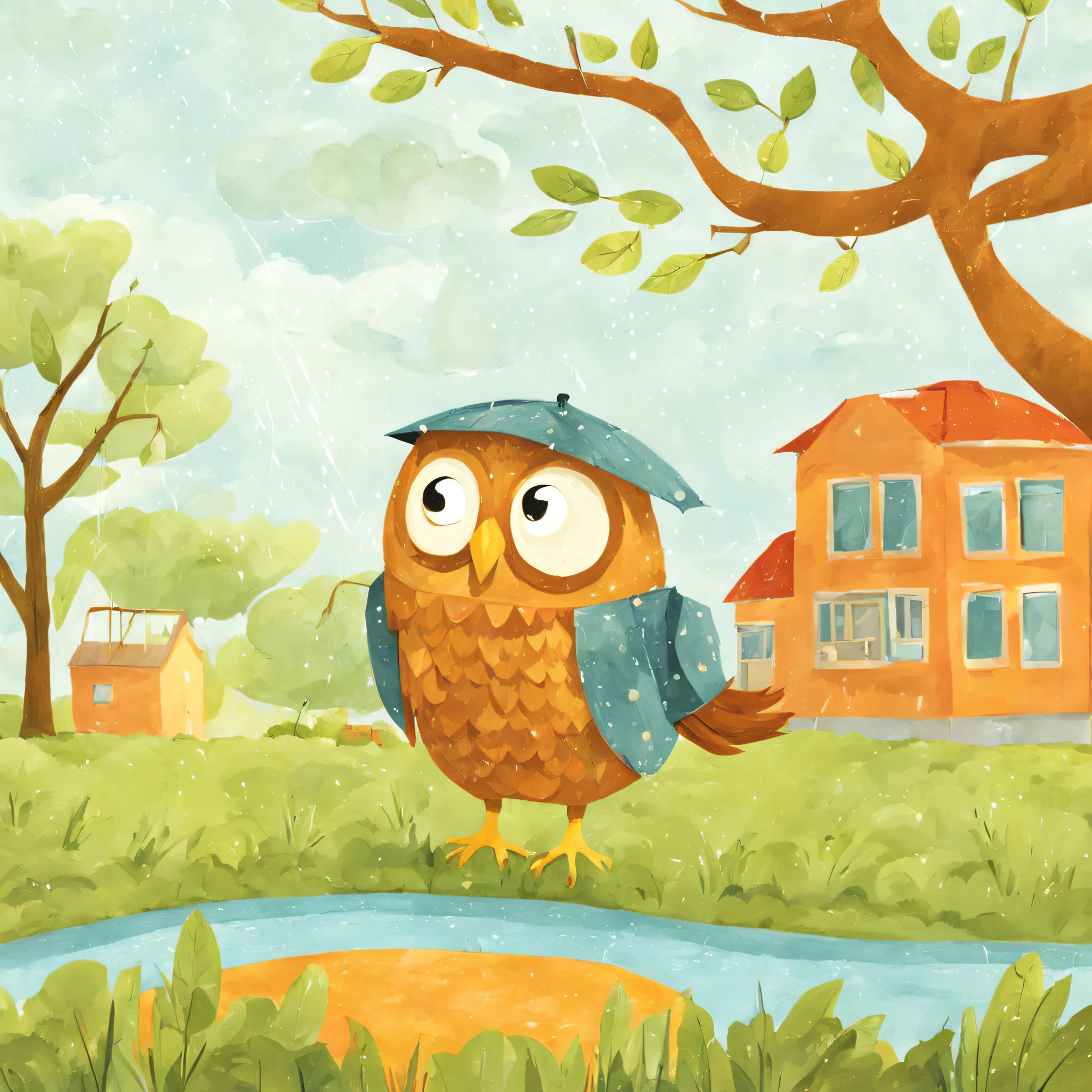 Educational Children's Book Illustration, Primary Color Palette, Wise Owl, Rainy Weather, Schoolyard Landscape, Daytime, Curious Mood ,Kids Book, KidsRedmAF,
