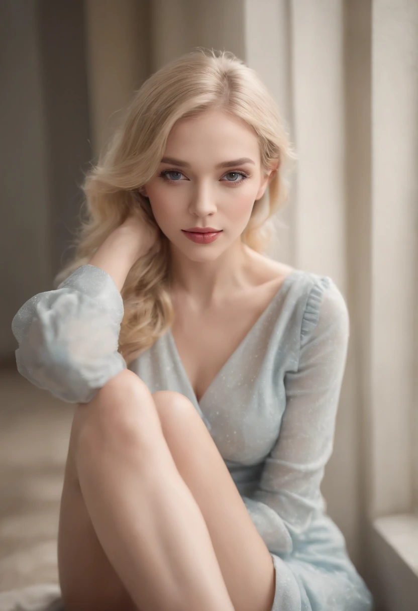 Beautiful blonde girl,Long legs,high-heels、((top-quality、8K、masterpiece:1.3))、focus:1.2、Perfect Body Beauty:1.4、realisitic、a picture、Beautiful woman、legs are long、light skinned