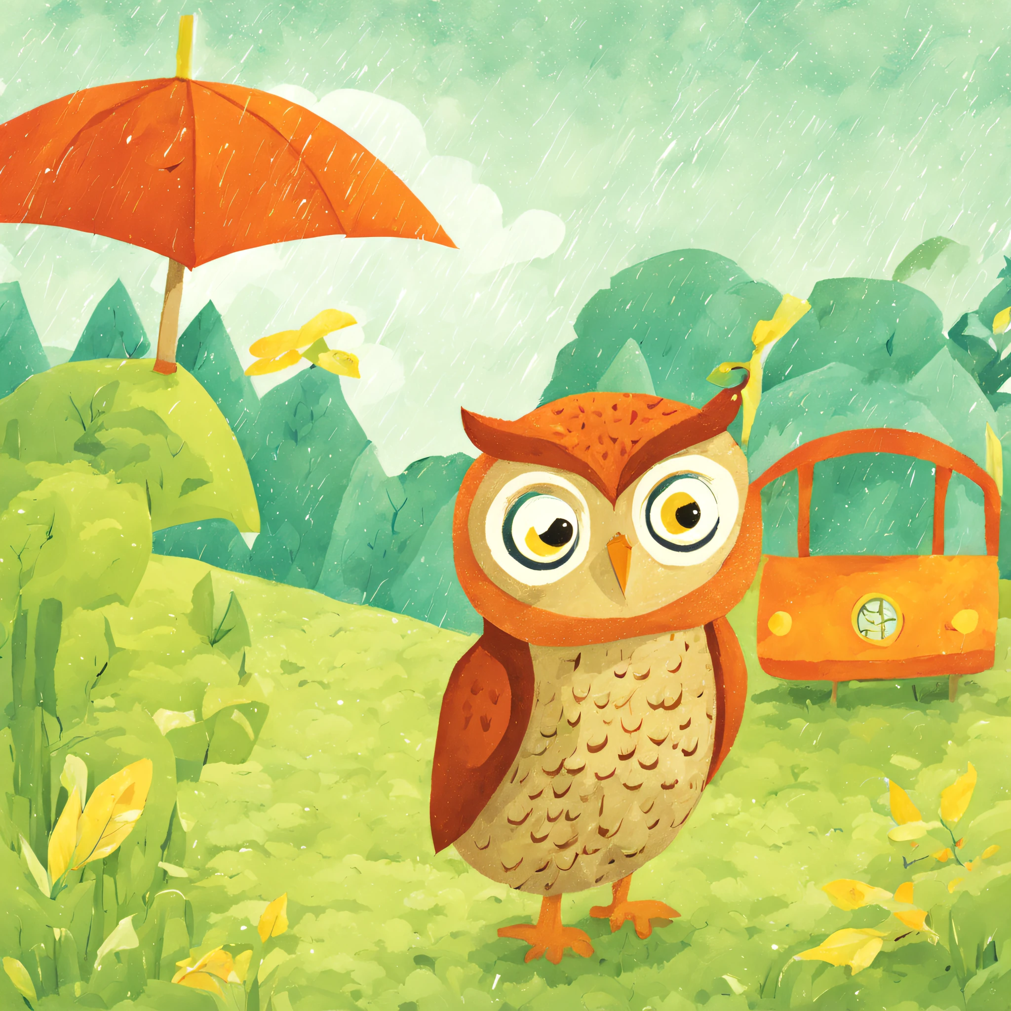 Educational Children's Book Illustration, Primary Color Palette, Wise Owl, Rainy Weather, Schoolyard Landscape, Daytime, Curious Mood ,Kids Book, KidsRedmAF,