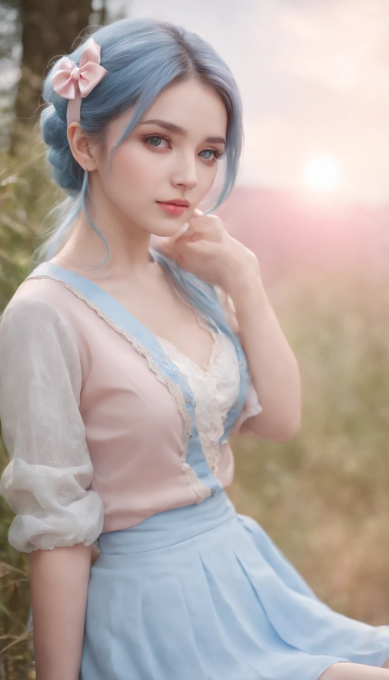 (Detailed beautiful eyes and detailed face, Masterpiece Side Light, masutepiece, Best Quality, Detailed, High resolution illustration), (1 girl, Beautiful Girl, Shiny skin), (sky blue hair, Pink eyes, Skirt, bow ribbon, Button shirt)(kneel down on the ground)