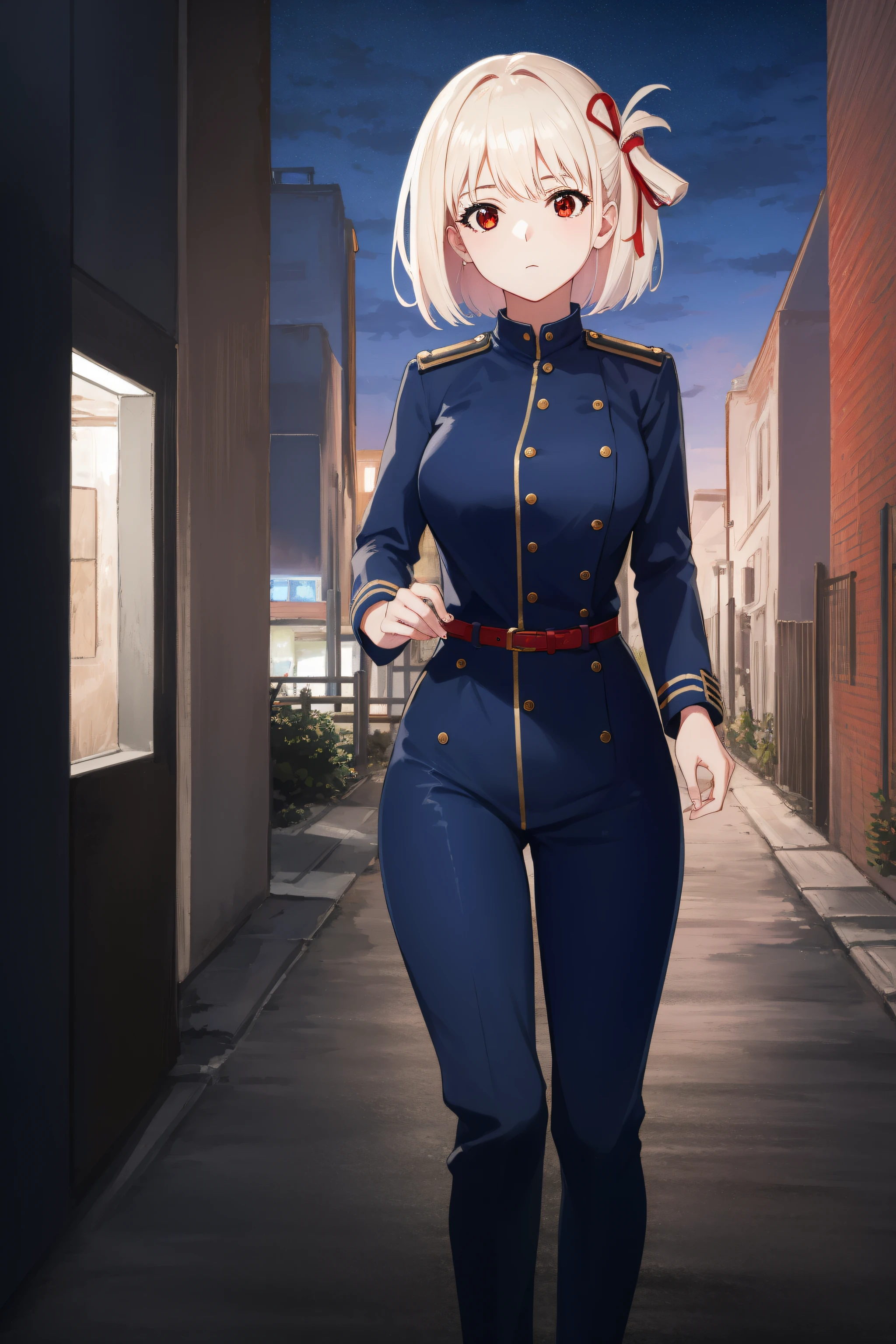 (Night:1.7), Cyberpunk_CityView, Before Window,
standing at attention,
Blue_uniform,Blue_jacket,long_sleeves,Blue_Long_pants,armor, armored_dress,
nishikigi chisato, short hair, bangs, blonde hair, (red eyes:1.5), hair ribbon, one side up, bob cut,
1 girl, 20yo,young female,Beautiful Finger,Beautiful legs,Beautiful body,Beautiful Nose,Beautiful character design, perfect eyes, perfect face,
looking at viewer, (innocent_big_eyes:1.0),(expressionless:1.3),
NSFW,official art,extremely detailed CG unity 8k wallpaper, perfect lighting,Colorful, Bright_Front_face_Lighting,
(masterpiece:1.0),(best_quality:1.0), ultra high res,4K,ultra-detailed,
photography, 8K, HDR, highres, absurdres:1.2, Kodak portra 400, film grain, blurry background, bokeh:1.2, lens flare, (vibrant_color:1.2)
(Beautiful,medium_Breasts:1.4), (beautiful_face:1.5),(narrow_waist),(perfect hands, perfect anatomy),