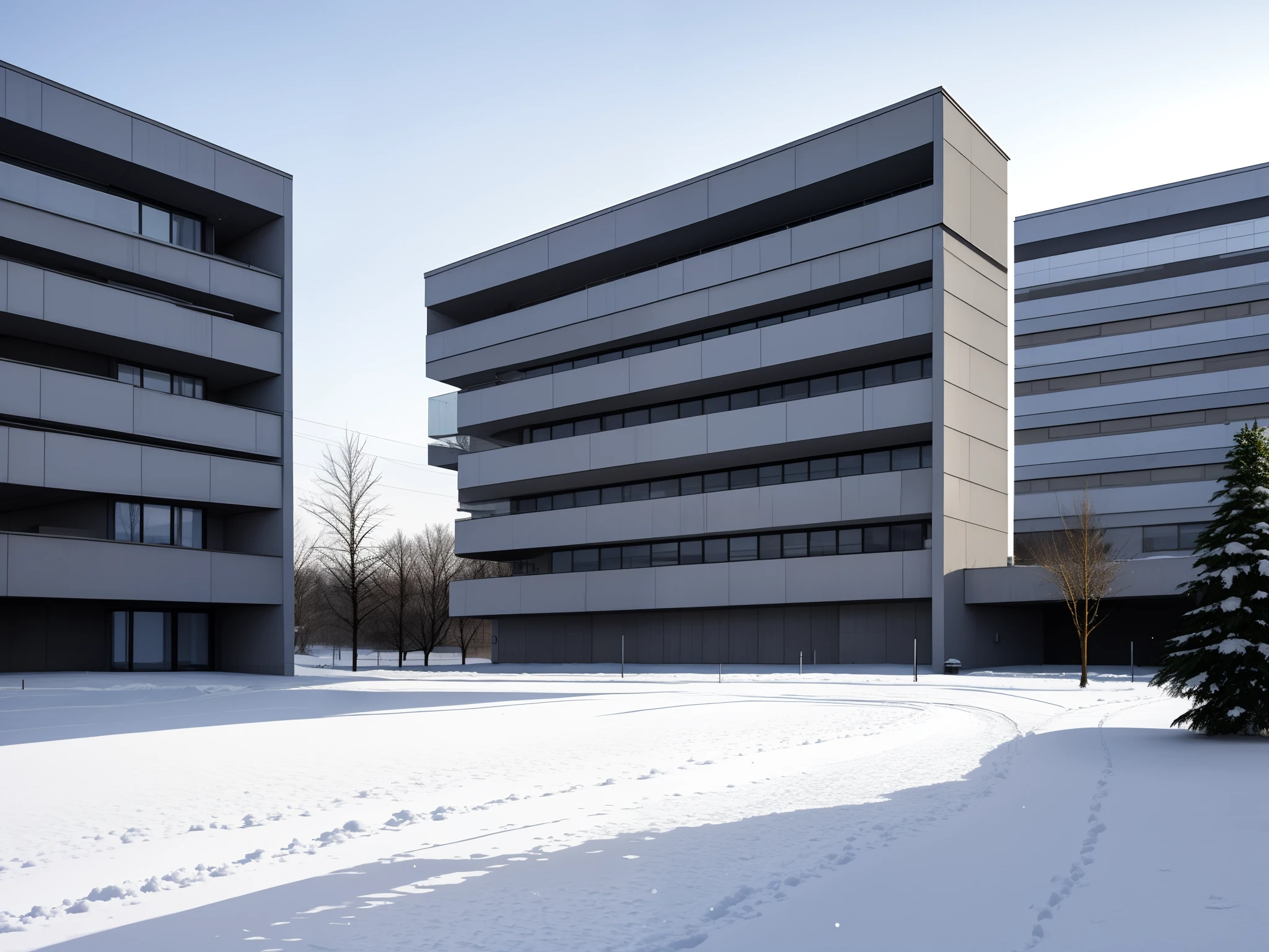 Brutalist architecture (best quality) from Soviet era in former Warsaw pact nation in the middle of winter with snow on the ground