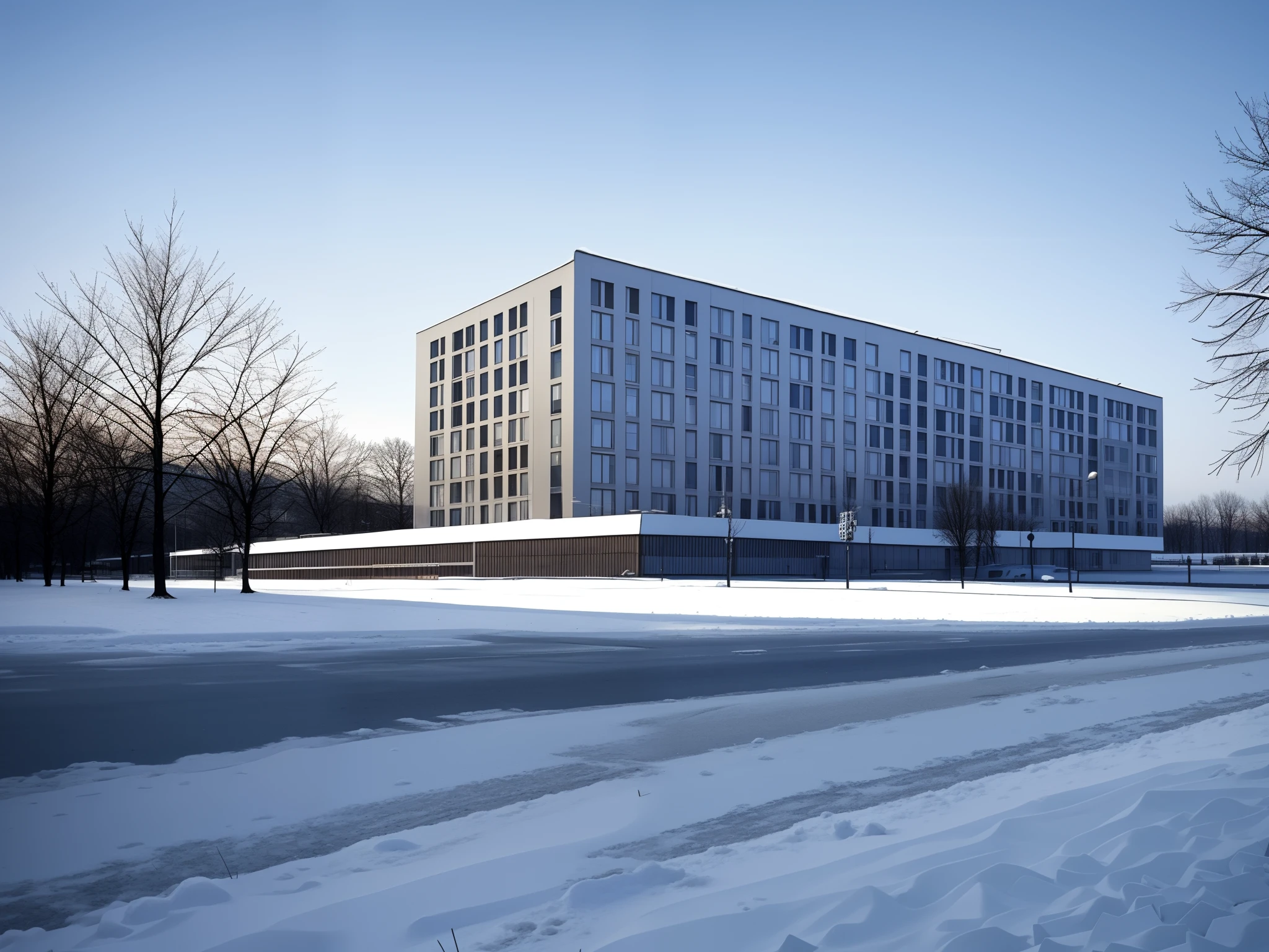 Brutalist architecture (best quality) from Soviet era in former Warsaw pact nation in the middle of winter with snow on the ground