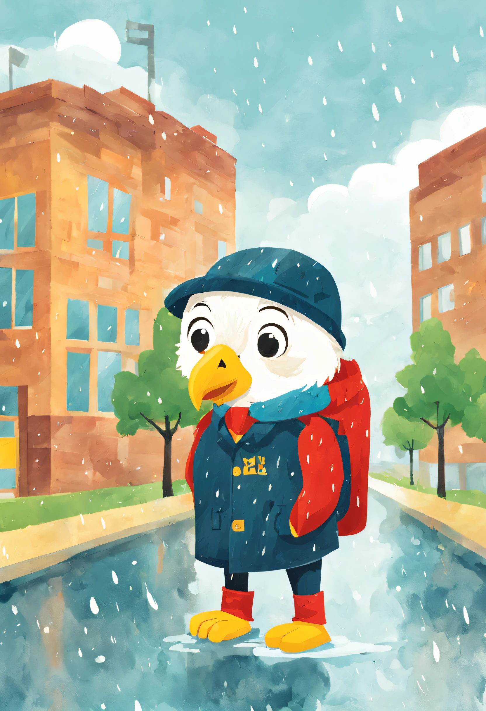 Illustration of educational children's books, Primary color palette, Smart bald eagle, Rainy weather, Campus view, Daytime, Curious mood ,児童書, Children's Red Model,