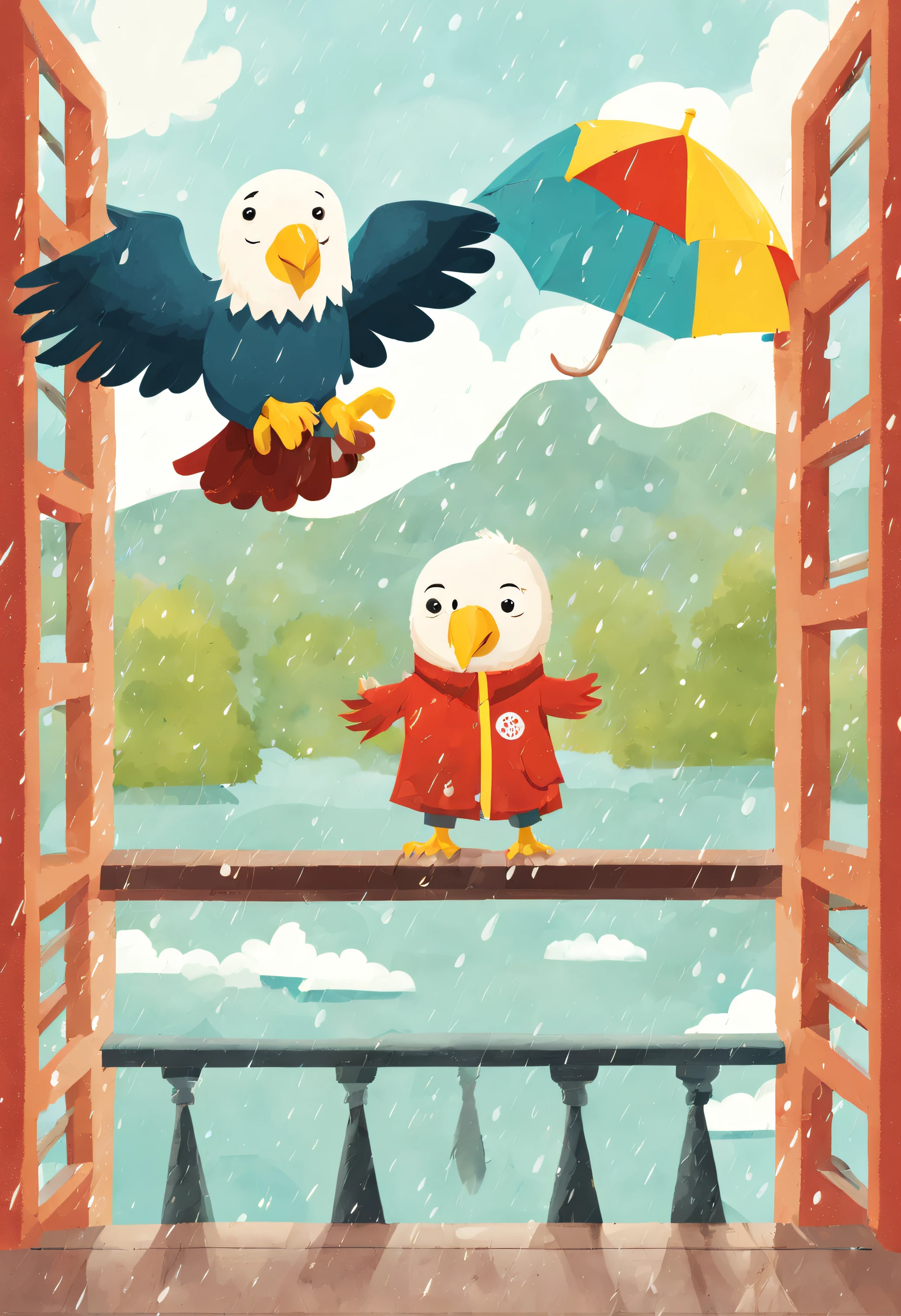 Illustration of educational children's books, Primary color palette, Smart bald eagle, Rainy weather, Campus view, Daytime, Curious mood ,児童書, Children's Red Model,