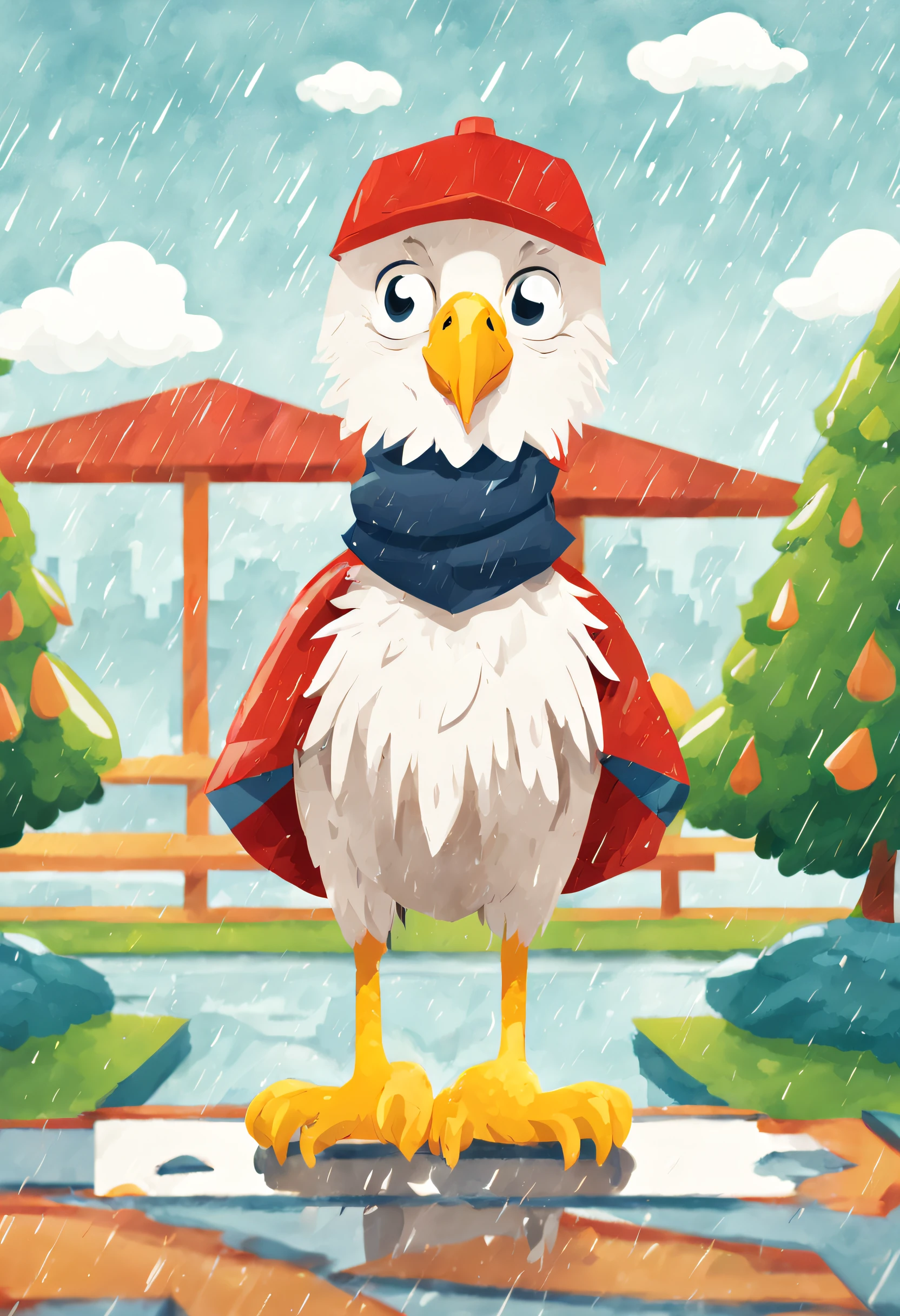 Illustration of educational children's books, Primary color palette, Smart bald eagle, Rainy weather, Campus view, Daytime, Curious mood ,児童書, Children's Red Model,
