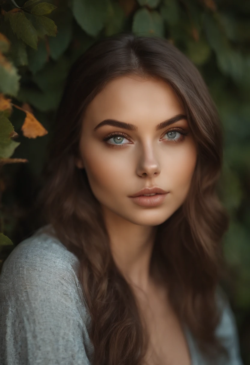 Arafed woman in full , sexy girl with green eyes, portrait sophie mudd, brown hair and large eyes, selfie of a young woman, Chamber eyes, violet myers, no makeup, natural makeup, looking straight at camera, face with artgram, fine makeup, Excellent full-length photography, Piercing green eyes, beautiful angle, attractive pose, Sweet girl, whole body picture. sitting in the kitchen. Outside the window is autumn