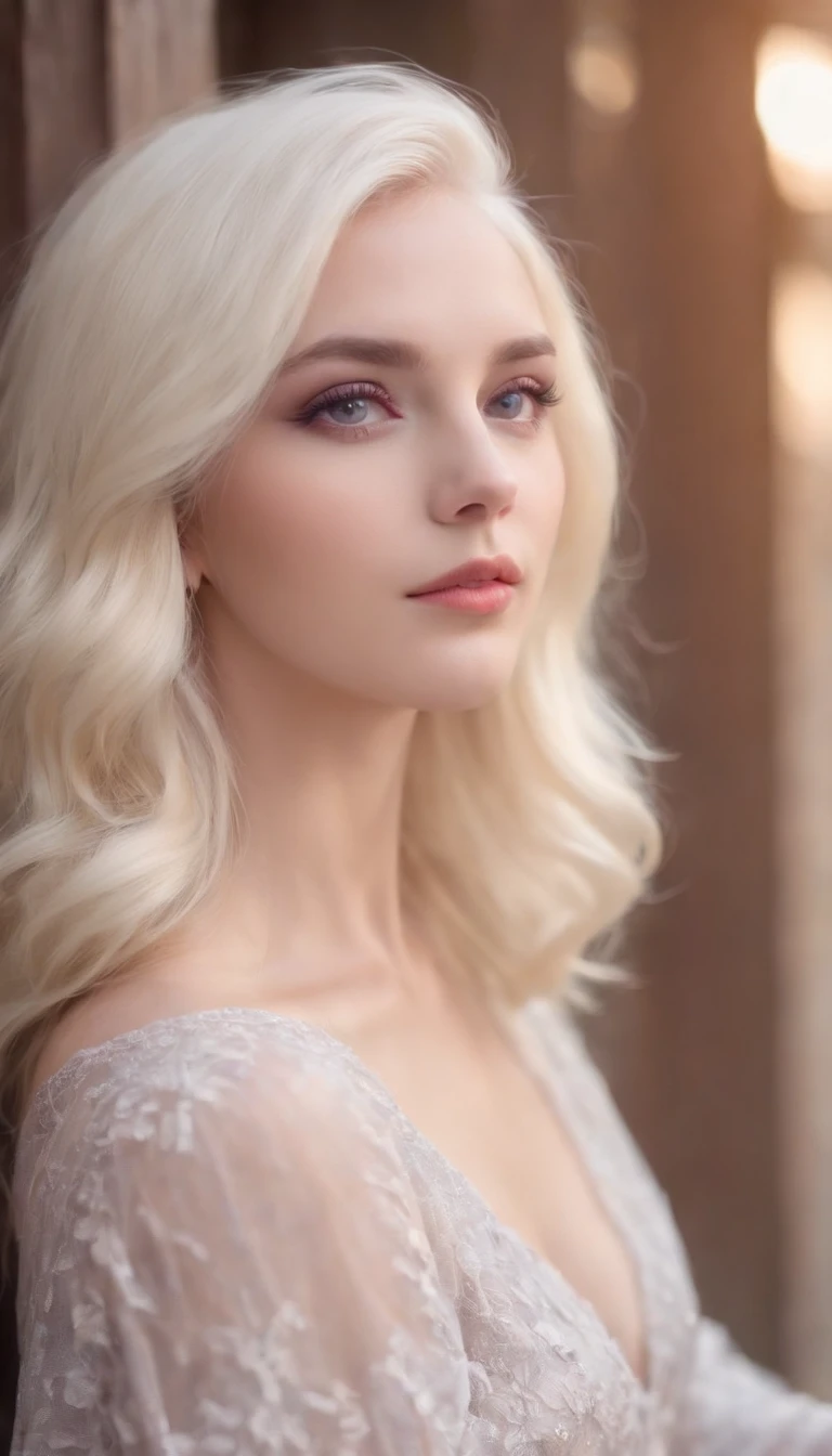 Delicate, but when she comes out, she is a beautiful woman with outstanding style。Platinum blonde with violet eyes。