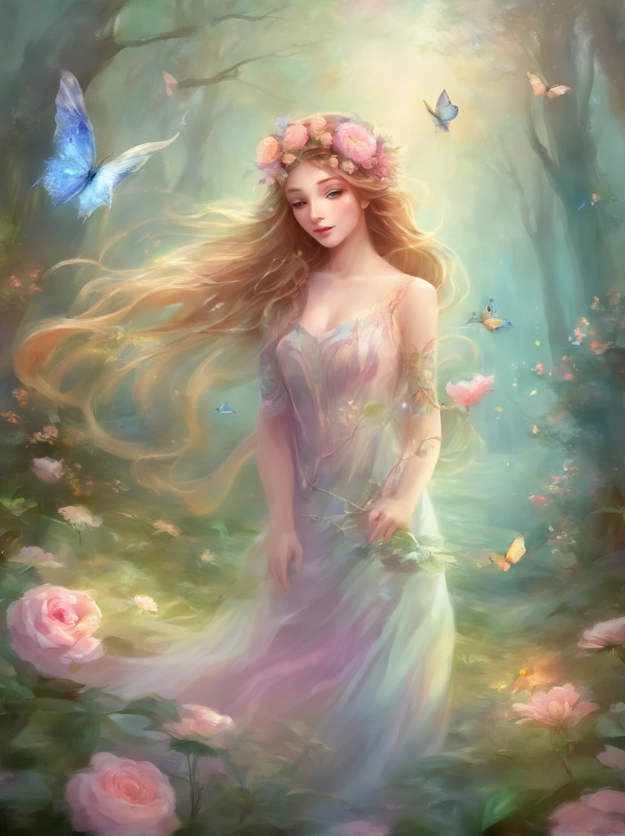 A spring in the forest with beautiful flowers, the winter season, with pastel colors and a dreamy atmosphere, butterflies flying, a bird drinking water.