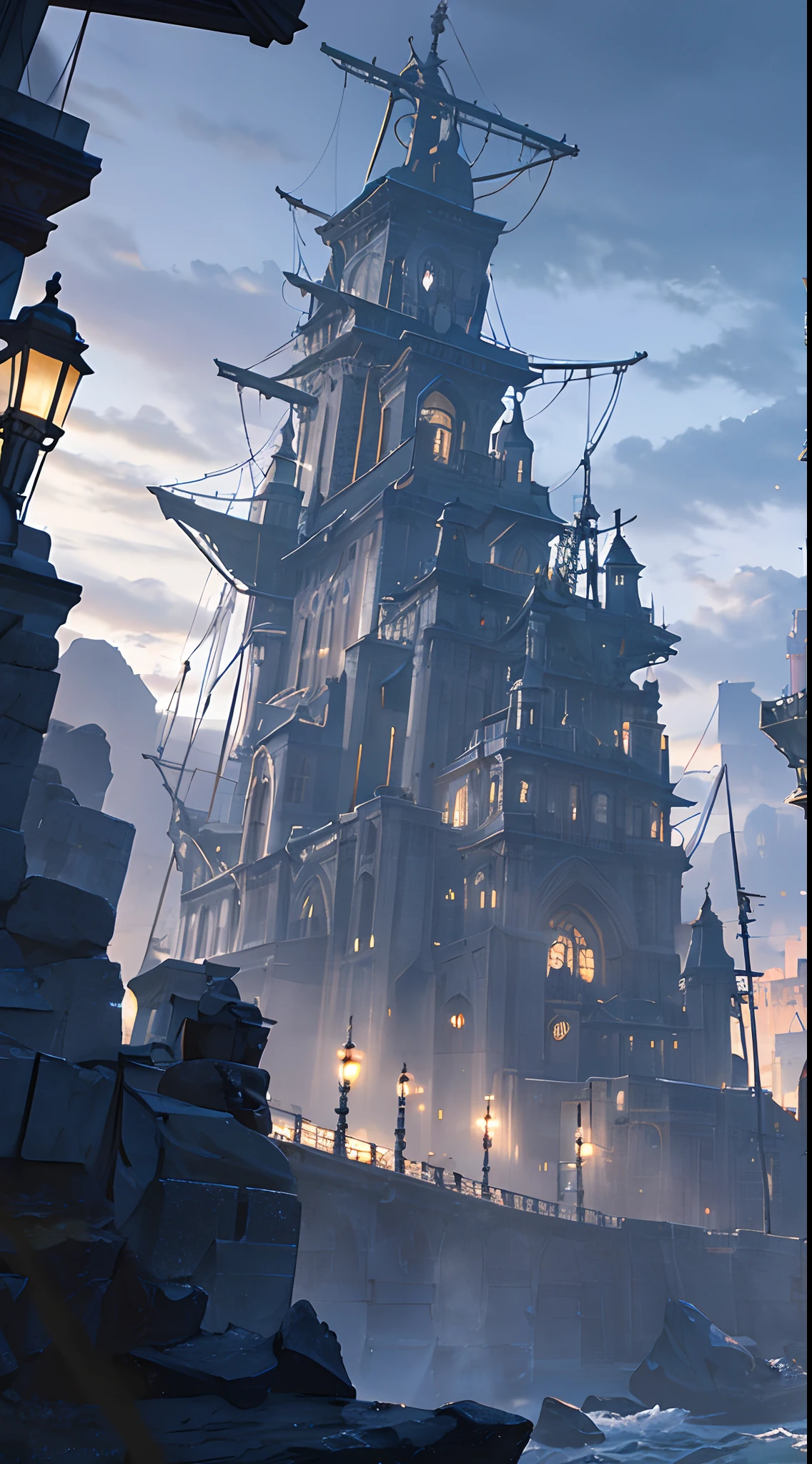Port of a medieval town with caravels, wet stone, dramatic light, discreet, photorealistic, (stone pier) cinematic lighting, volumetric lighting, dark atmosphere, background with a mountain and a giant silver moon in the sky