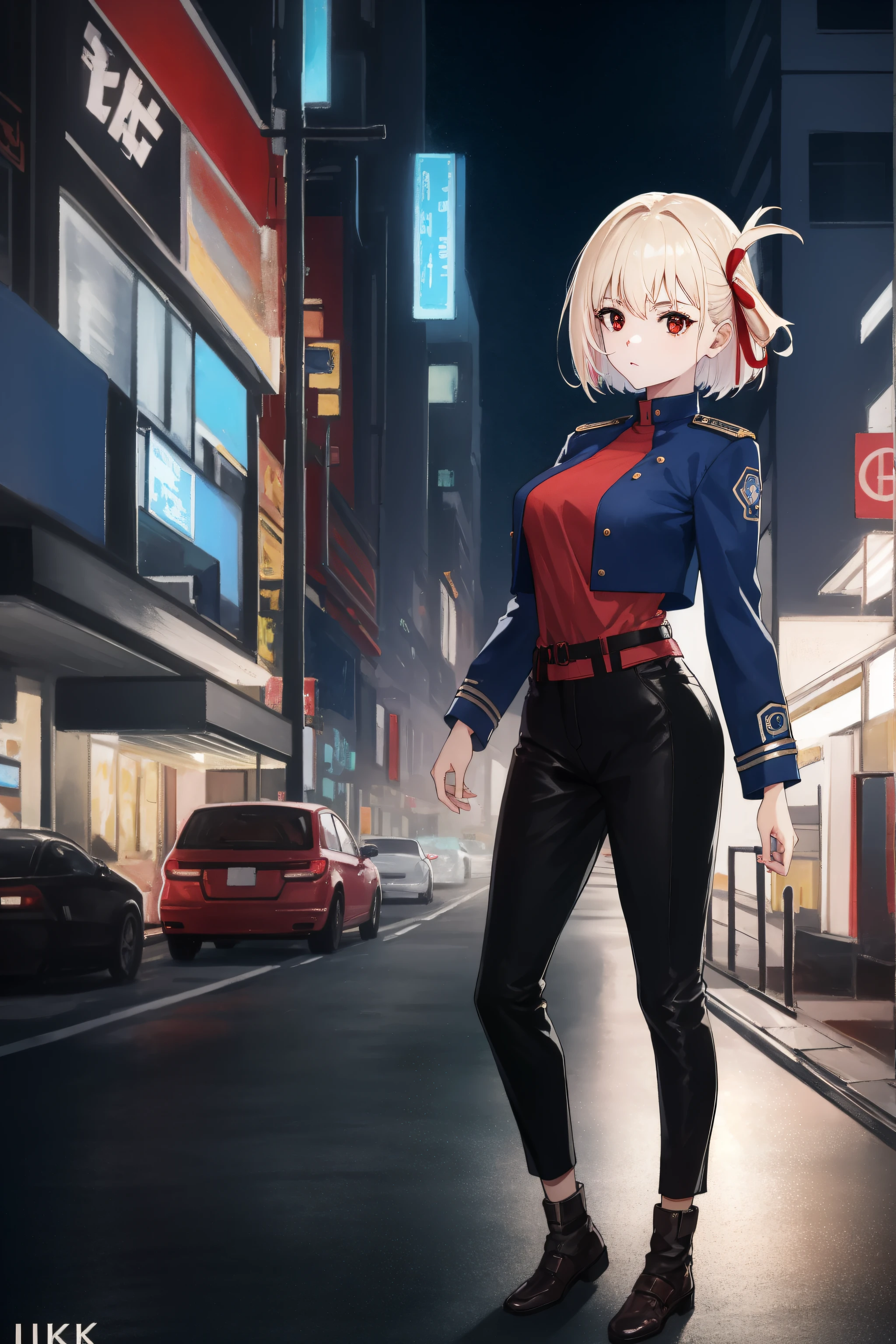 (Night:1.7), Cyberpunk_CityView, Before Window,
standing at attention,
Blue_uniform,Blue_jacket,long_sleeves,Blue_Long_pants,armor, armored_dress,
nishikigi chisato, short hair, bangs, blonde hair, (red eyes:1.5), hair ribbon, one side up, bob cut,
1 girl, 20yo,young female,Beautiful Finger,Beautiful legs,Beautiful body,Beautiful Nose,Beautiful character design, perfect eyes, perfect face,
looking at viewer, (innocent_big_eyes:1.0),(expressionless:1.3),
NSFW,official art,extremely detailed CG unity 8k wallpaper, perfect lighting,Colorful, Bright_Front_face_Lighting,
(masterpiece:1.0),(best_quality:1.0), ultra high res,4K,ultra-detailed,
photography, 8K, HDR, highres, absurdres:1.2, Kodak portra 400, film grain, blurry background, bokeh:1.2, lens flare, (vibrant_color:1.2)
(Beautiful,medium_Breasts:1.4), (beautiful_face:1.5),(narrow_waist),(perfect hands, perfect anatomy),