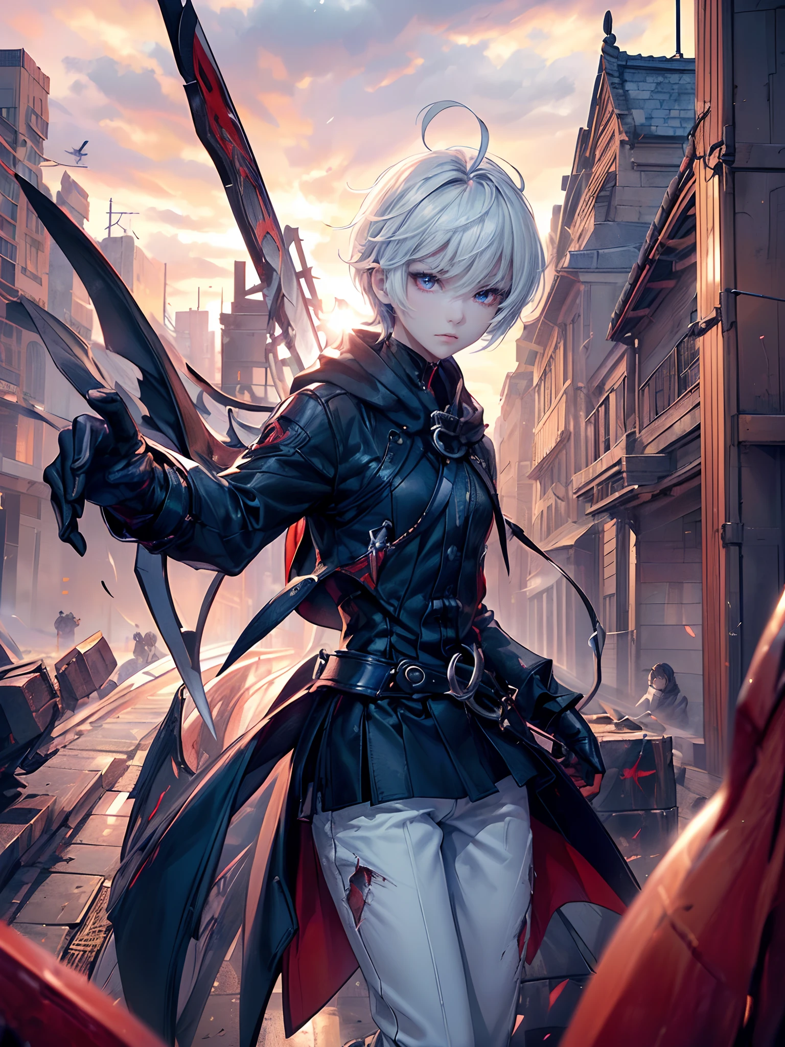 ((4K works))、masterpiece、(top-quality)、One Beautiful Girl、One Evil Man、((photo of man and woman))、Slim body、tall、((Black Y-shirt and white pants、Charming street style))、Please wear one jacket、Wearing a hood to hide his face、(Detailed beautiful eyes)、Midnight Combat、In the fight against the demon man、((In battle with cloudy skies))、((Two people fighting while flying in the sky))、((Flying in the sky))、saddened、suffocating、desolate、((Pitch Black Sky))、((Face similar to Carly Rae Jepsen))、((Short-haired white hair))、((Smaller face))、((Neutral face))、((With a woman with bright blue eyes))、((Demon Man with Bright Red Eyes))、((American Adult Women and Men))、((Adult female and male 26 years old))、((With cool women))、((demon male))、((Like a celebrity))、((Korean Makeup))、((elongated and sharp eyes))、((angry expressions))、((In the fight with the sword))、((boyish))、Professional Photos、((Shot by two))、((She's fighting demon men))、((She is in front of the viewer))、((She is fighting in a distant place))、((In front of her is an evil man flying))、((She is flying in the sky and fighting))、horor、Photos of sadness、((Photos during the battle))