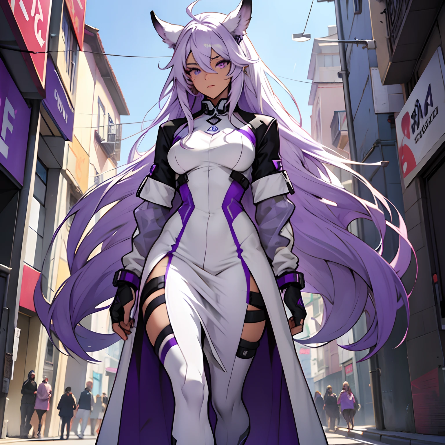 a full-length girl. city. purple eyes. two-tone hair. white and purple hair. split. futuristic costume. purple and white suit. full-length. long straight hair. loose hair. vitiligo. purple spots of vitiligo. dark spots of vitiligo. 1 character. The girl has two-toned hair. purple and white hair. VITILIGO