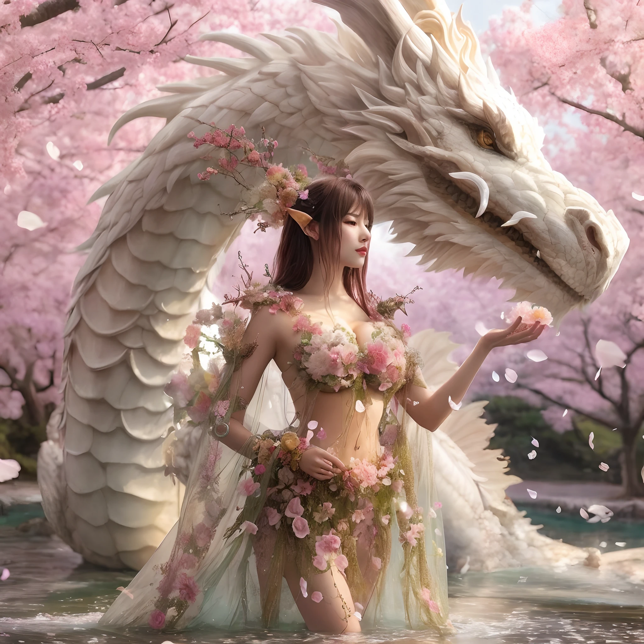 there is a woman standing in a pond with a dragon statue, japanese fantasy, chinese fantasy, beautiful fantasy art, breathtaking fantasy art, ethereal fantasy, 🌺 cgsociety, very beautiful fantasy art, digital fantasy art ), mythical creature, trending digital fantasy art, amazing fantasy art, dragon girl, beautiful digital artwork, beautiful fantasy anime, elegant cinematic fantasy art, detailed fantasy digital art, big boobs, gigantic boobs, busty, cleavage exposed, major boobs, perfect body proportion, nsfw, high details, high resolution picture, high details face, very details face, pretty face