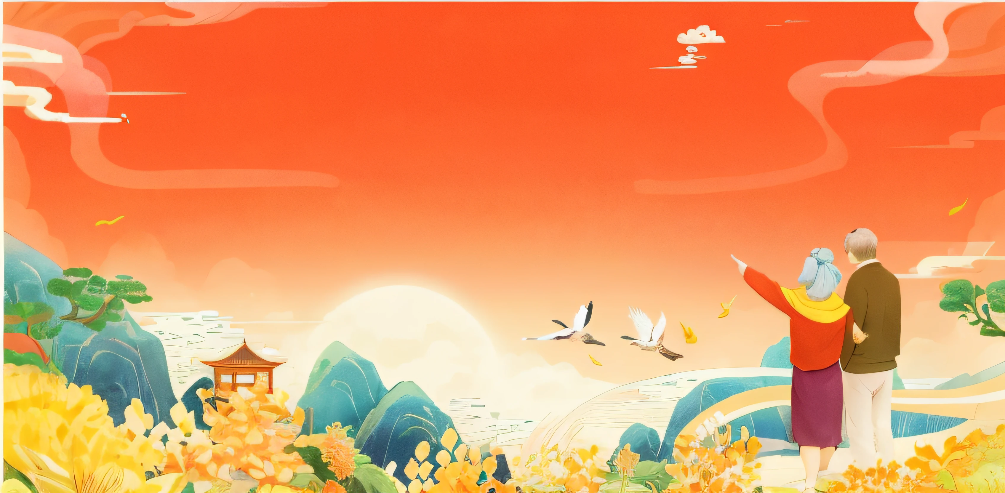There was a man and a woman standing in the field，Birds fly around, A beautiful artwork illustration, Chinese style painting, hand painted cartoon art style, Chinese watercolor style, Chinese painting style, Detailed scenery —width 672, Japanese style painting, 4 k hd wallpaper illustration, sunset illustration, 4 k hd illustrative wallpaper, large view, fairy tale style background