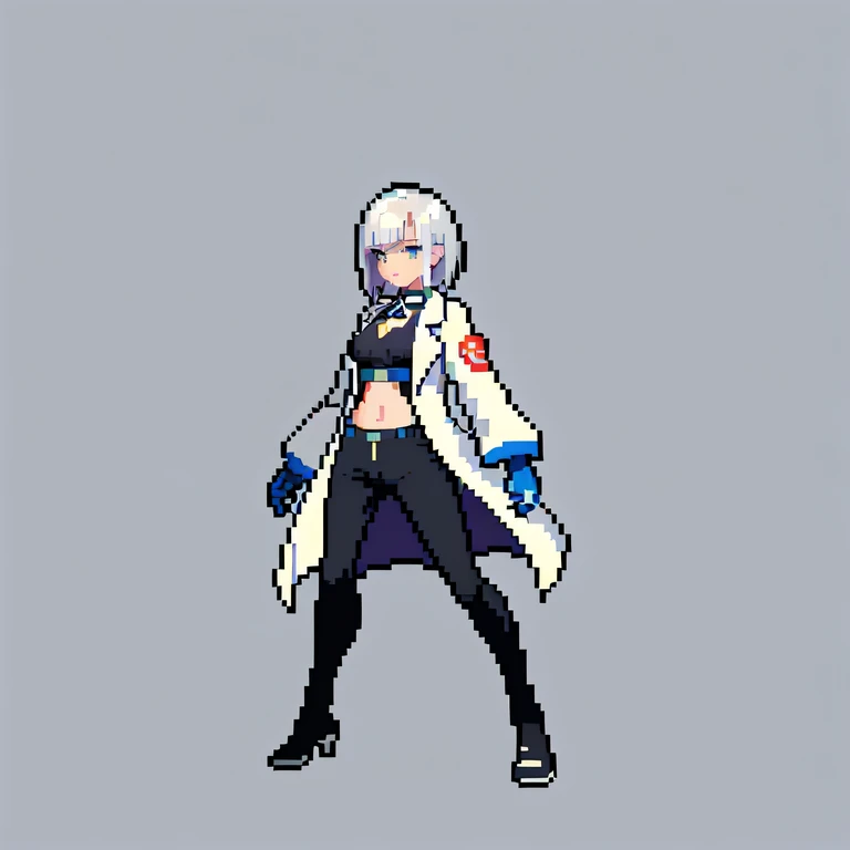 (masterpiece, top quality, best quality, less detail, 8-bit color), pixel,pixel art, lab coat,full body, attack pose, US style, poor jacket, game asset, silver hair, bra on top, short pant, no background