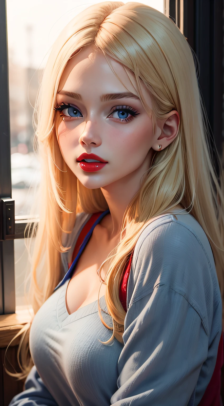 maryms, Best Quality, (beauty), 1girl, phisically-based render ,ultra highres, narrow waist, skinny, (red), turtleneck, blue eyes, puffy eyes, shiny skin, eyes focus, detailed face, detailed eyes, european youth